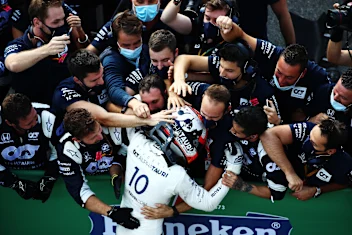 MONZA, ITALY - SEPTEMBER 06: Race winner Pierre Gasly of France and Scuderia AlphaTauri celebrates