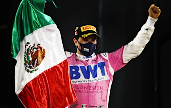 BAHRAIN, BAHRAIN - DECEMBER 06: Race winner Sergio Perez of Mexico and Racing Point celebrates his
