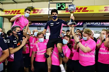 BAHRAIN, BAHRAIN - DECEMBER 06: Third placed Lance Stroll of Canada and Racing Point celebrates