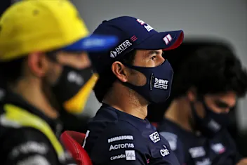 BAHRAIN, BAHRAIN - DECEMBER 06: Race winner Sergio Perez of Mexico and Racing Point talks in a