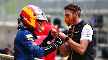 SPIELBERG, AUSTRIA - JULY 11: Third place qualifier Carlos Sainz of Spain and McLaren F1 celebrates