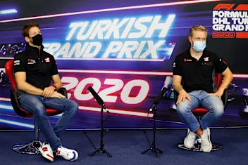 ISTANBUL, TURKEY - NOVEMBER 12: Romain Grosjean of France and Haas F1 and Kevin Magnussen of