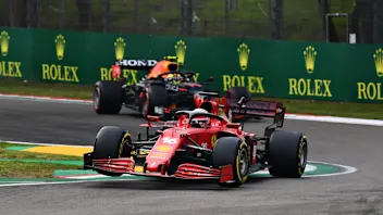 IMOLA, ITALY - APRIL 18: Charles Leclerc of Monaco driving the (16) Scuderia Ferrari SF21 leads