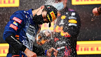 IMOLA, ITALY - APRIL 18: Third placed Lando Norris of Great Britain and McLaren F1 celebrates on