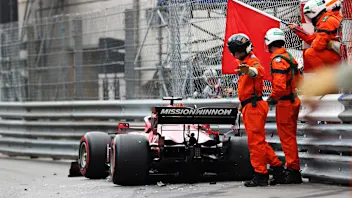 MONTE-CARLO, MONACO - MAY 22: Pole position qualifier Charles Leclerc of Monaco and Ferrari crashes