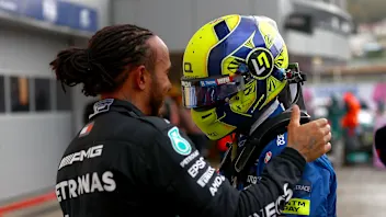 SOCHI, RUSSIA - SEPTEMBER 26: Race winner Lewis Hamilton of Great Britain and Mercedes GP hugs