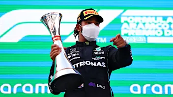 BARCELONA, SPAIN - MAY 09: Race winner Lewis Hamilton of Great Britain and Mercedes GP celebrates