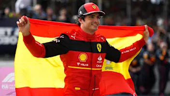 NORTHAMPTON, ENGLAND - JULY 03:  Race winner Carlos Sainz of Spain and Ferrari celebrates in parc