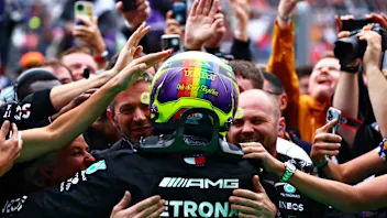 BUDAPEST, HUNGARY - JULY 31: Second placed Lewis Hamilton of Great Britain and Mercedes celebrates