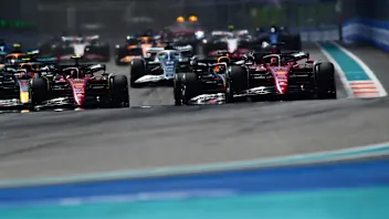MIAMI, FLORIDA - MAY 08: Charles Leclerc of Monaco driving (16) the Ferrari F1-75 leads the field