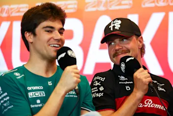 BAKU, AZERBAIJAN - APRIL 27: Lance Stroll of Canada and Aston Martin F1 Team and Valtteri Bottas of