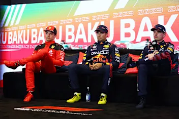 BAKU, AZERBAIJAN - APRIL 29: Sprint winner Sergio Perez of Mexico and Oracle Red Bull Racing (C),