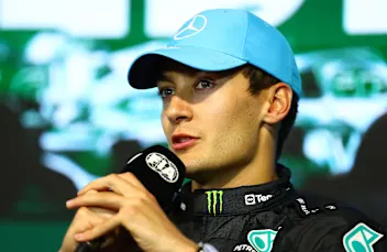 JEDDAH, SAUDI ARABIA - MARCH 19: Third placed George Russell of Great Britain and Mercedes attends