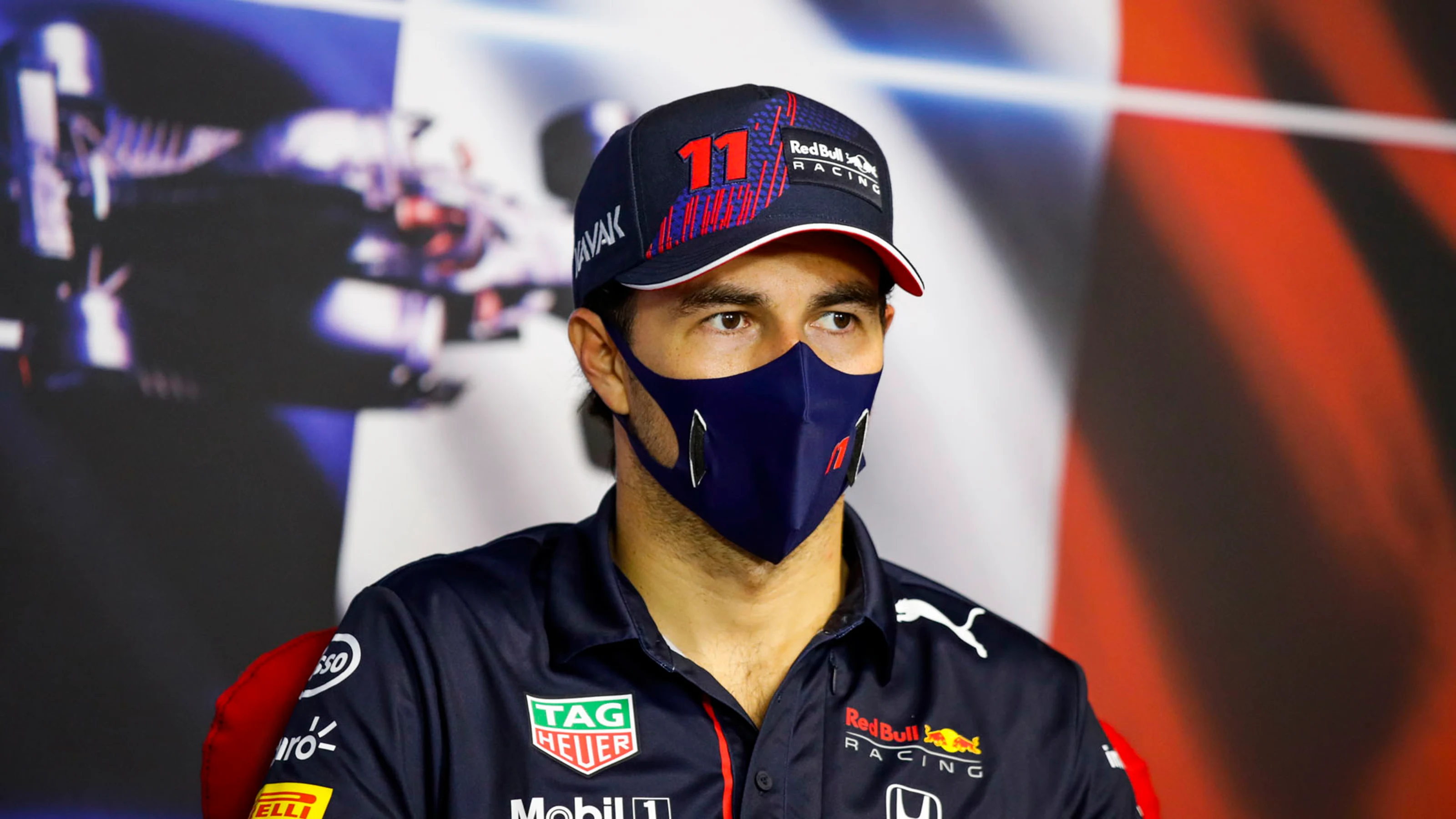 PEREZ Sergio (mex), Red Bull Racing Honda RB16B, portrait, press conference during the Formula 1