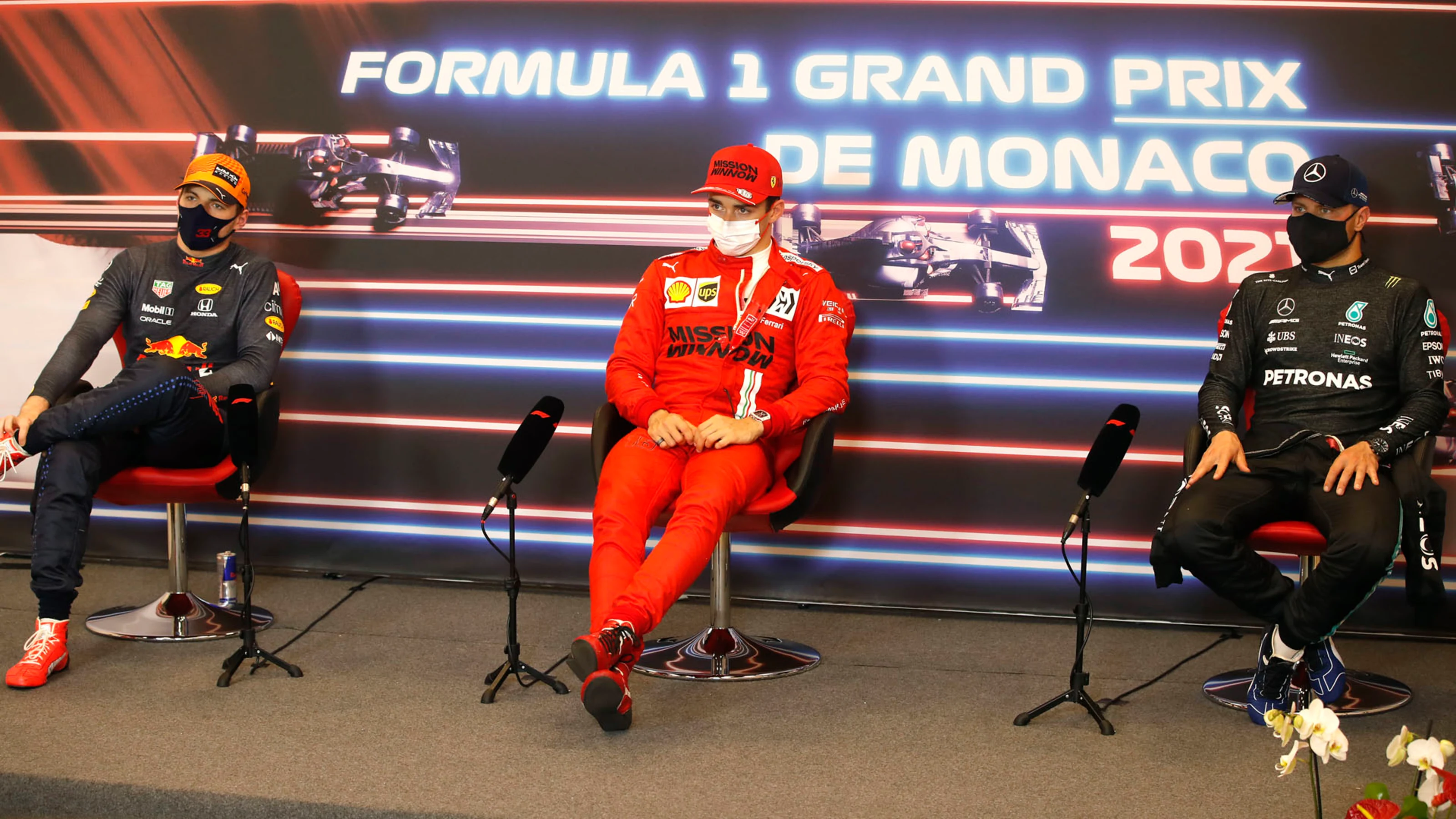 Max Verstappen, Red Bull Racing, pole man Charles Leclerc, Ferrari, and Valtteri Bottas, Mercedes,