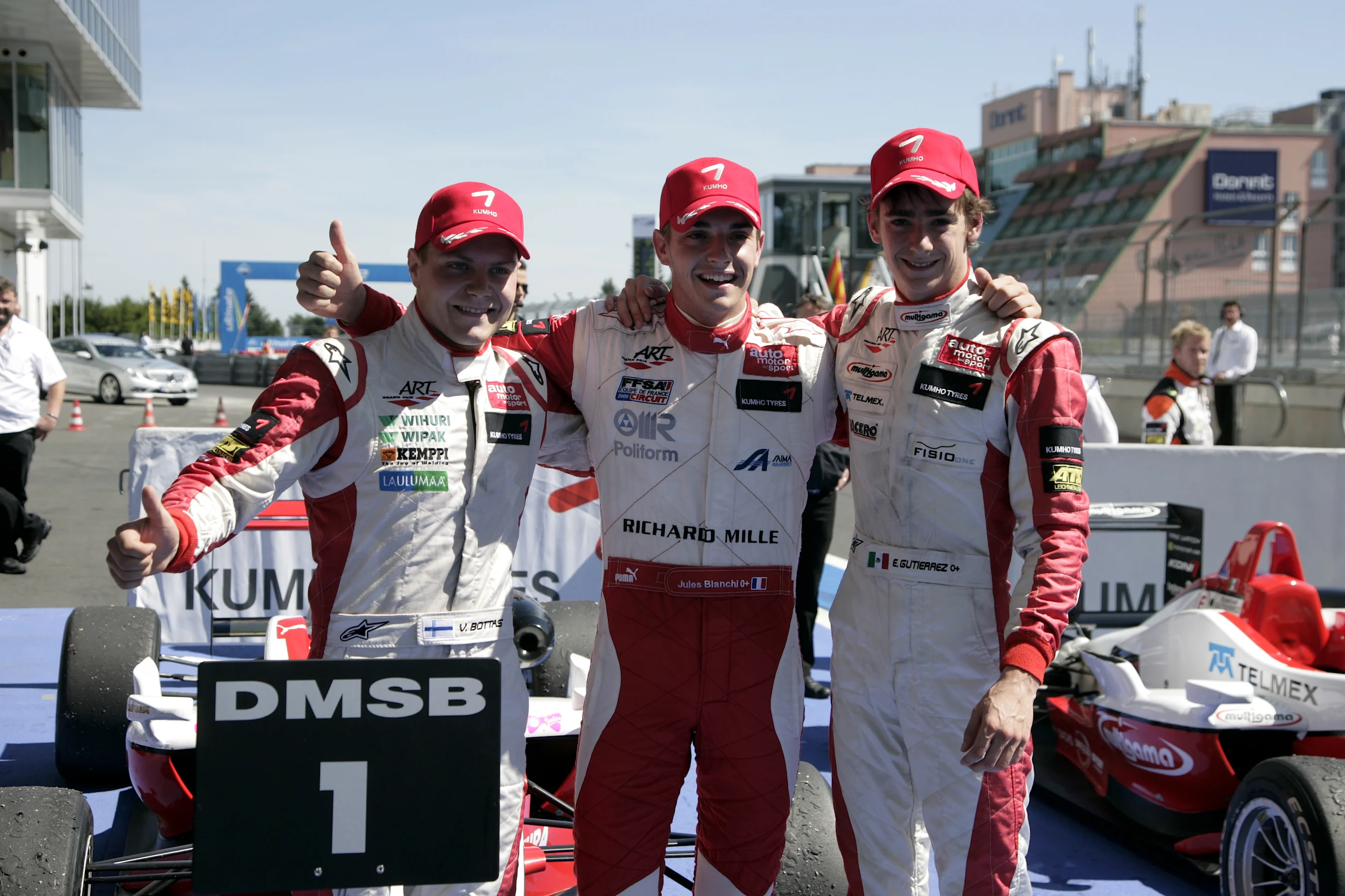 Race 1 results: 1st Jules Bianchi (FRA) ART Grand Prix, centre. 2nd Valtteri Bottas (FIN) ART