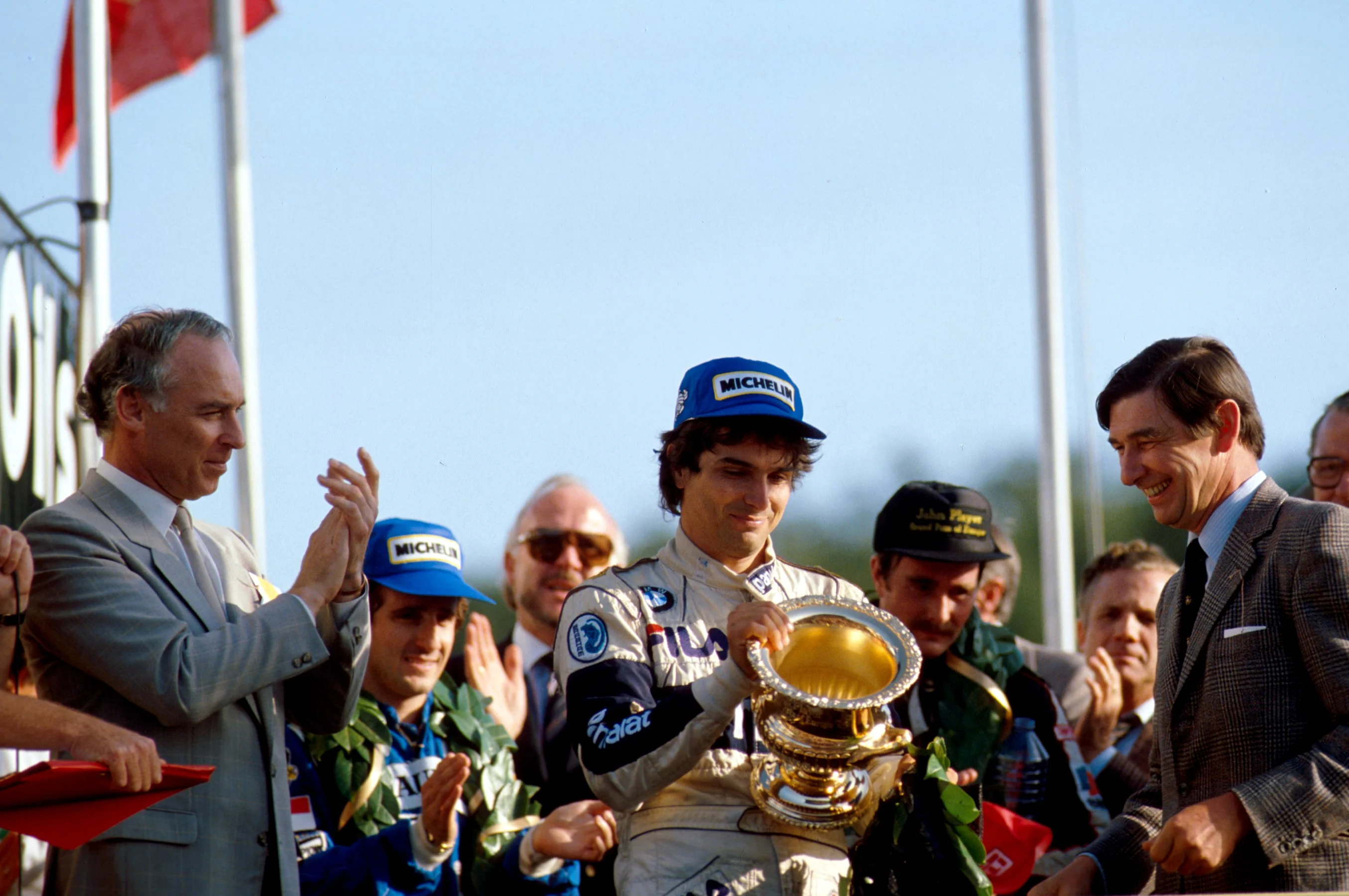 Winner Nelson Piquet, with 2nd place Alain Prost, left, and 3rd place Nigel Mansell European GP -