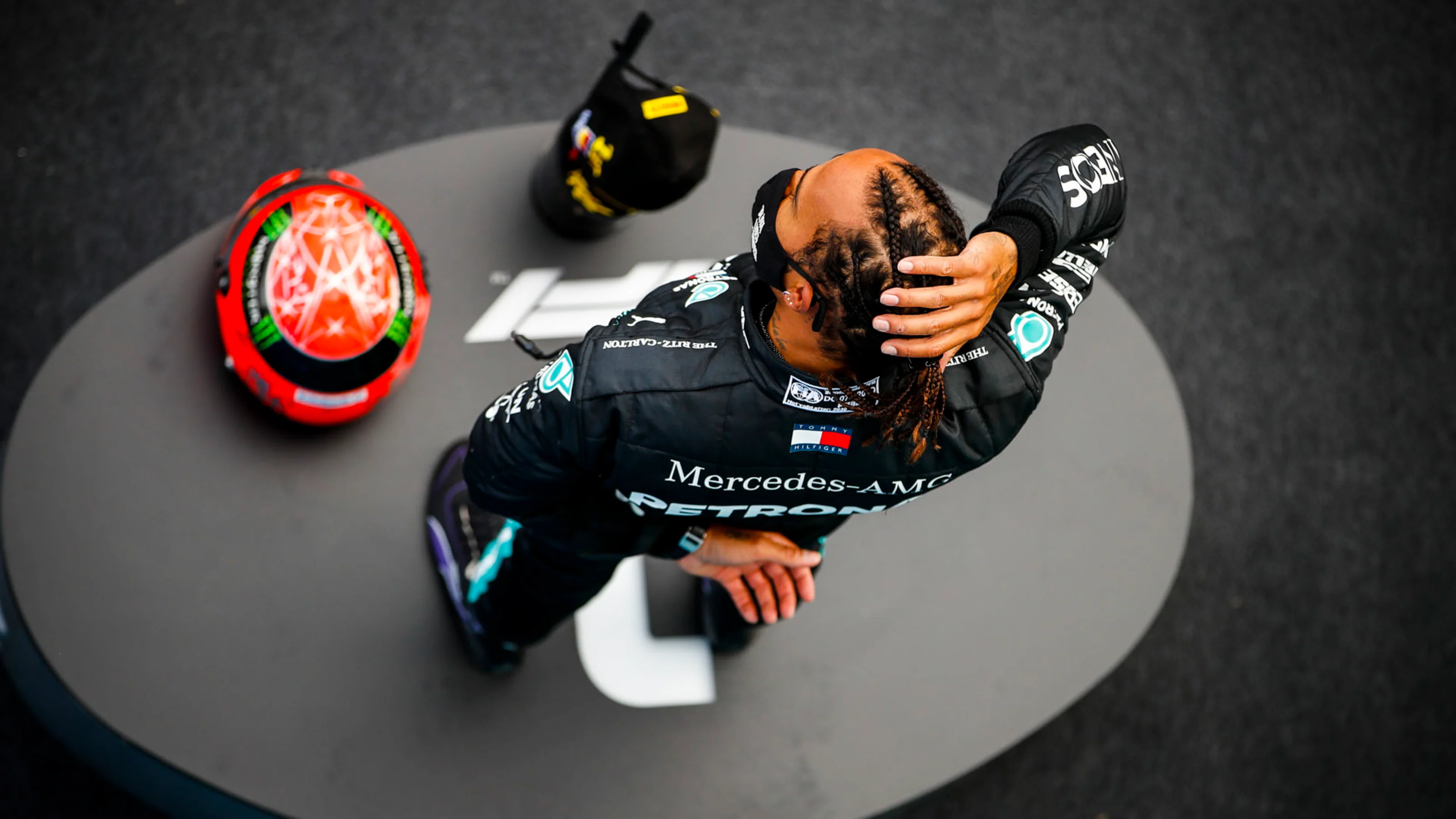 Lewis Hamilton, Mercedes-AMG Petronas F1, 1st position, on the podium with his trophy and the
