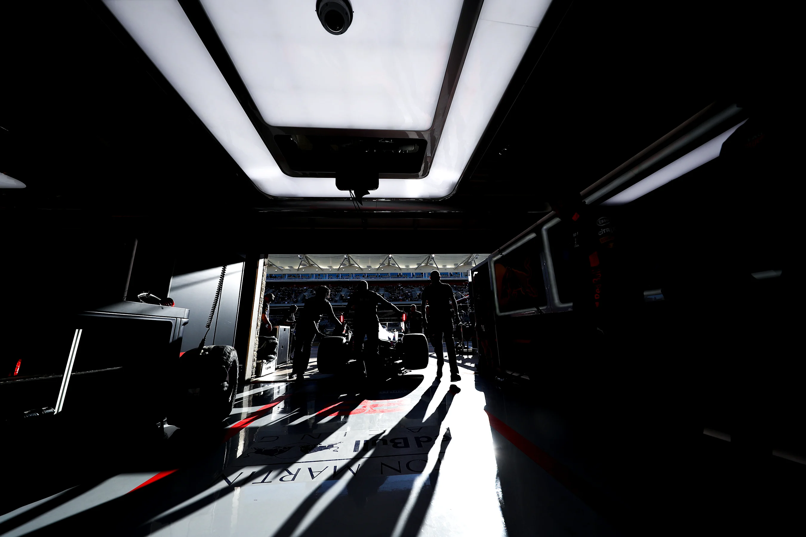 AUSTIN, TEXAS - NOVEMBER 02: The Red Bull Racing garage is picturd during qualifying for the F1
