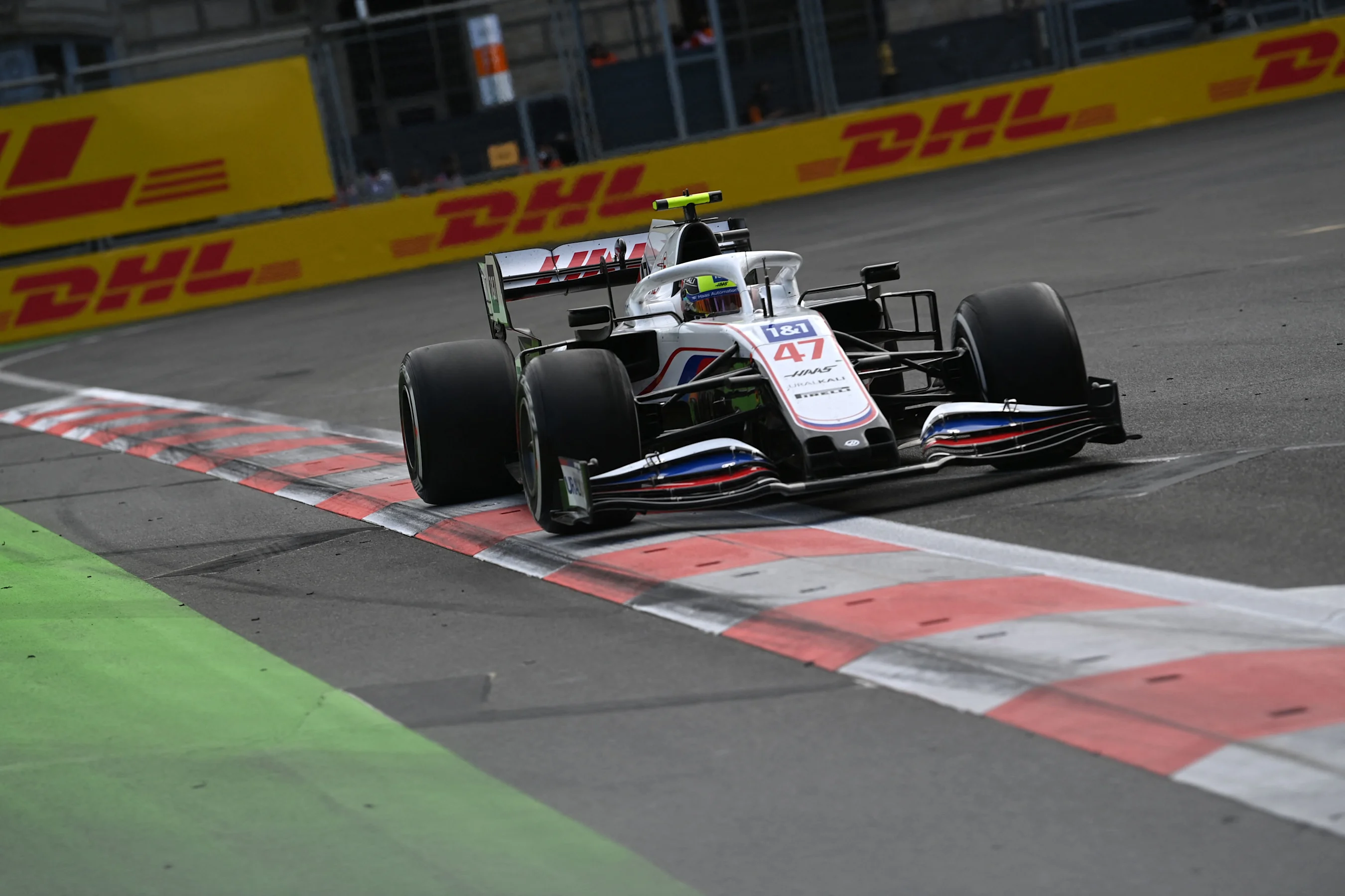 Haas F1's German driver Mick Schumacher steers his car during the Formula One Azerbaijan Grand Prix