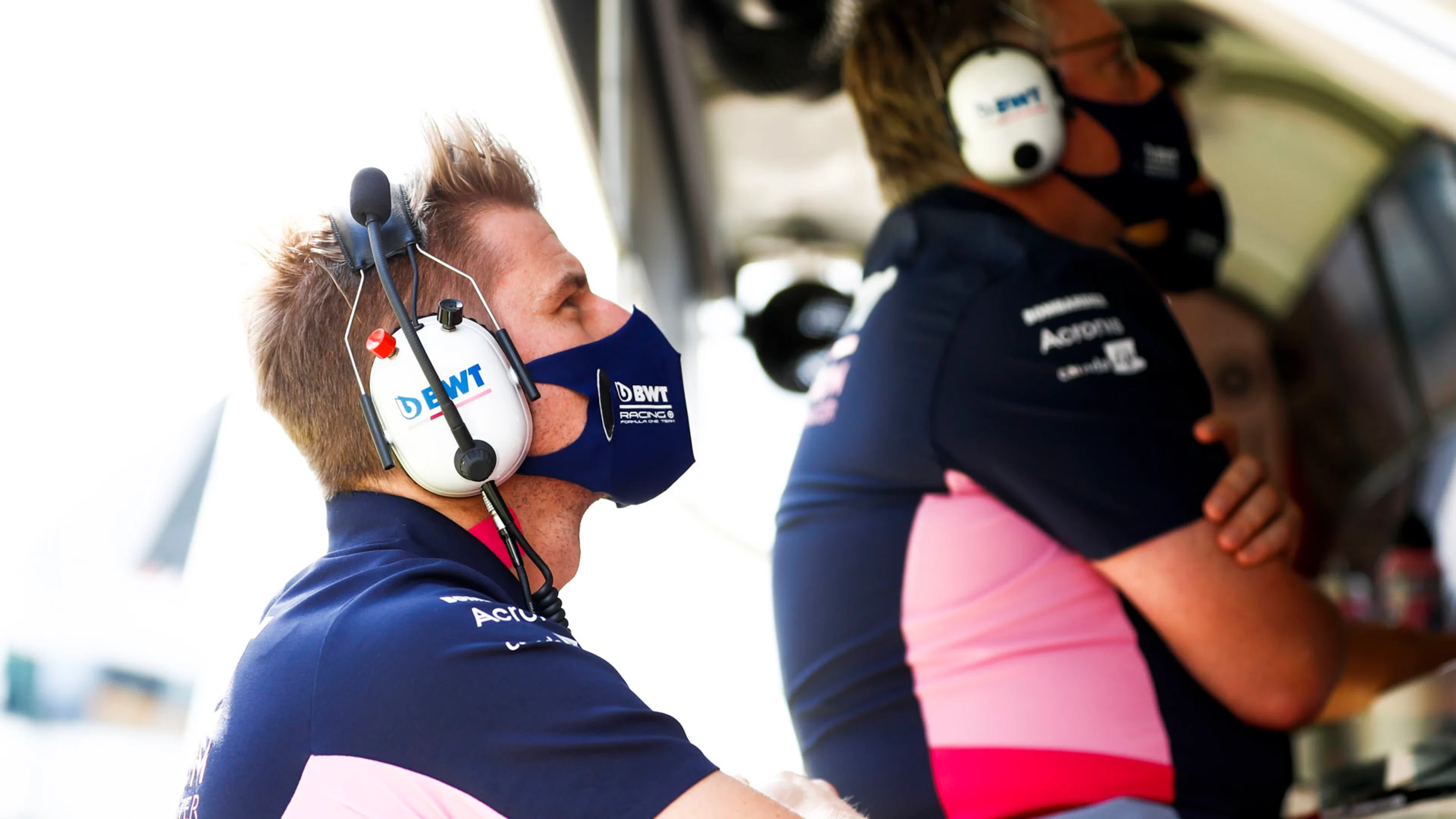 Nico Hulkenberg, Racing Point on the pitwall with Otmar Szafnauer, Team Principal and CEO, Racing