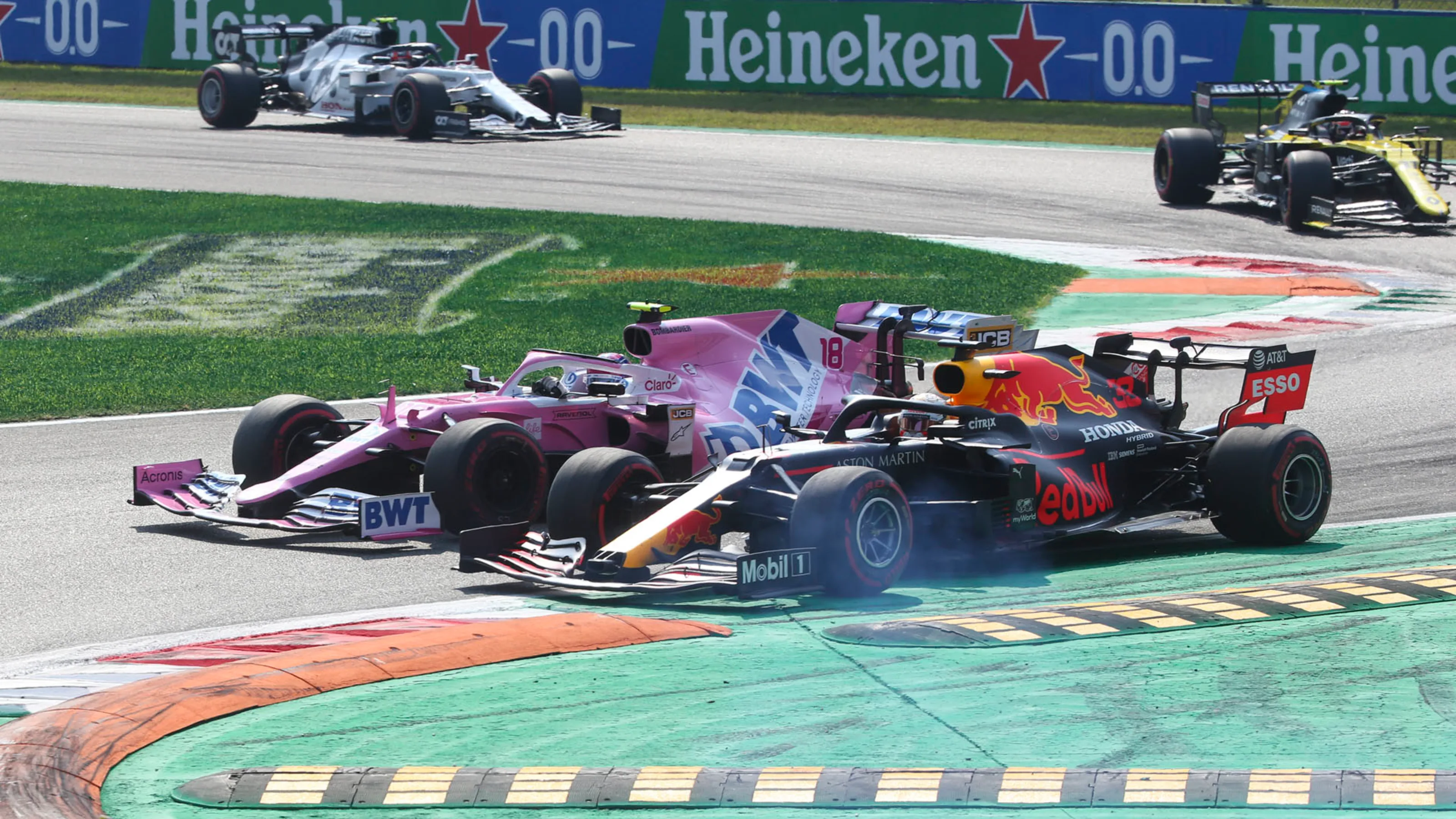 Canadian Formula One driver Lance Stroll of BWT Racing Point (C-L) and Dutch Formula One driver Max