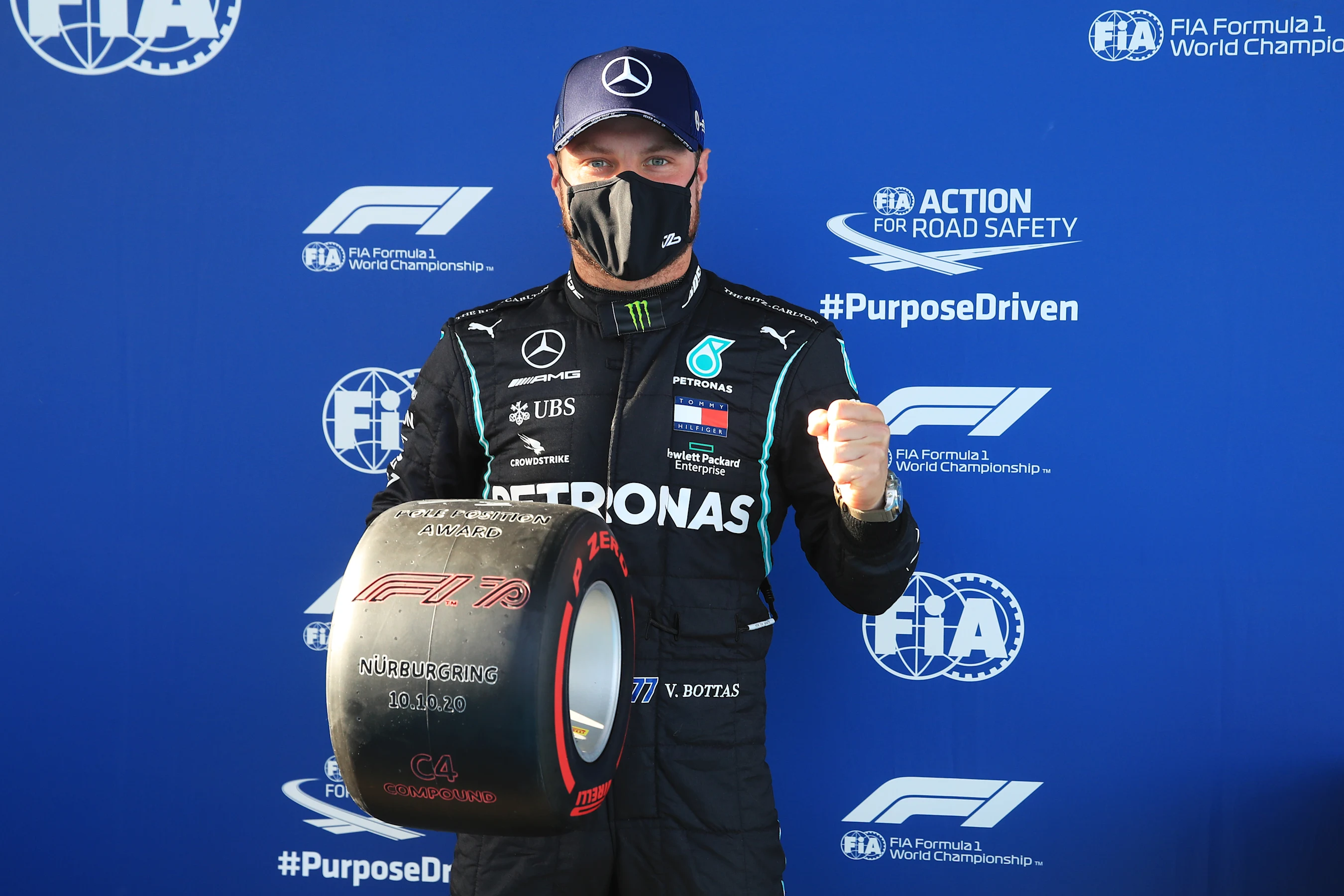 NUERBURG, GERMANY - OCTOBER 10: Pole position qualifier Valtteri Bottas of Finland and Mercedes GP