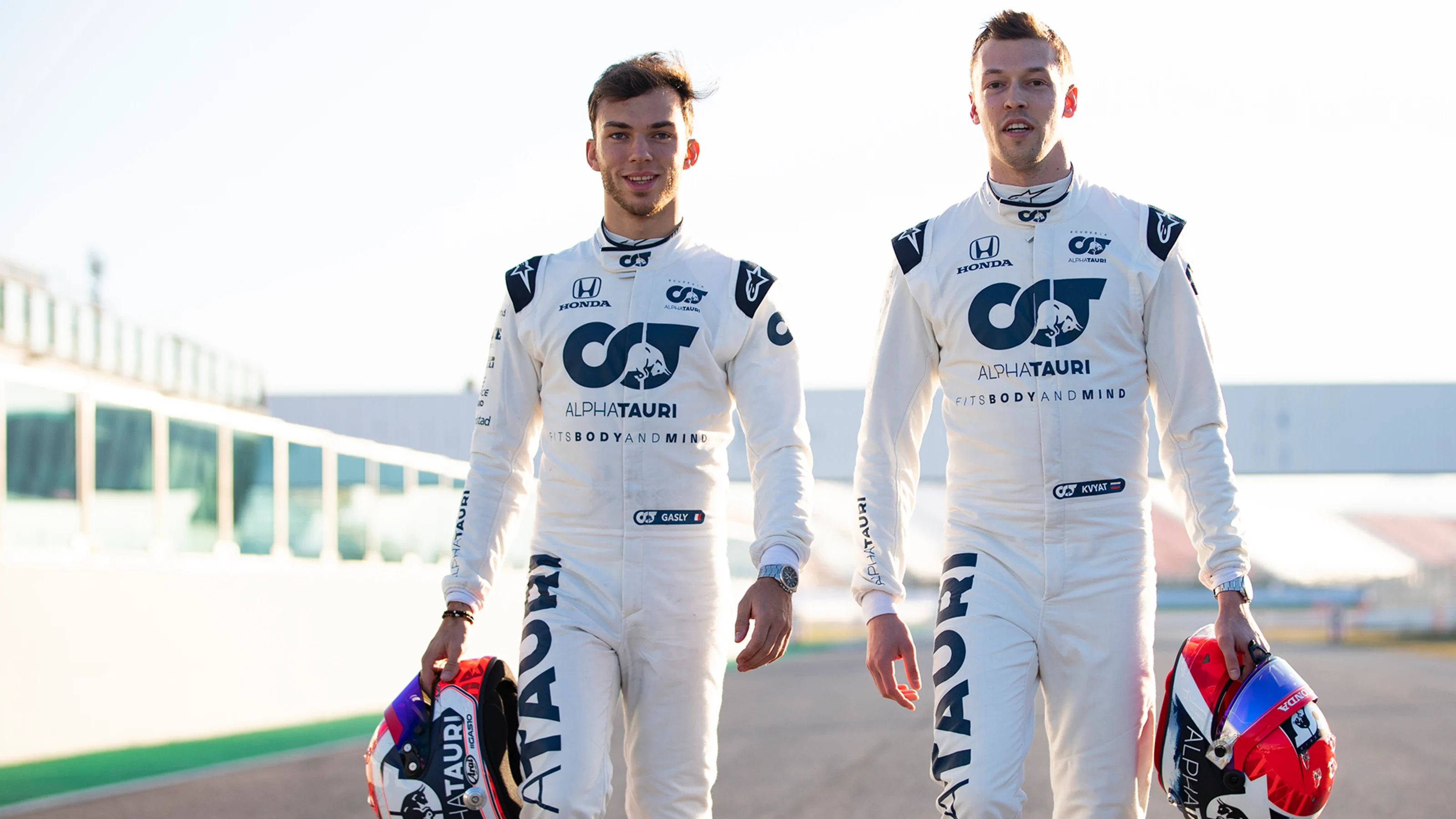 Pierre Gasly of France, Danil Kvyat of Russia and Scuderia AlphaTauri seen during the filming day