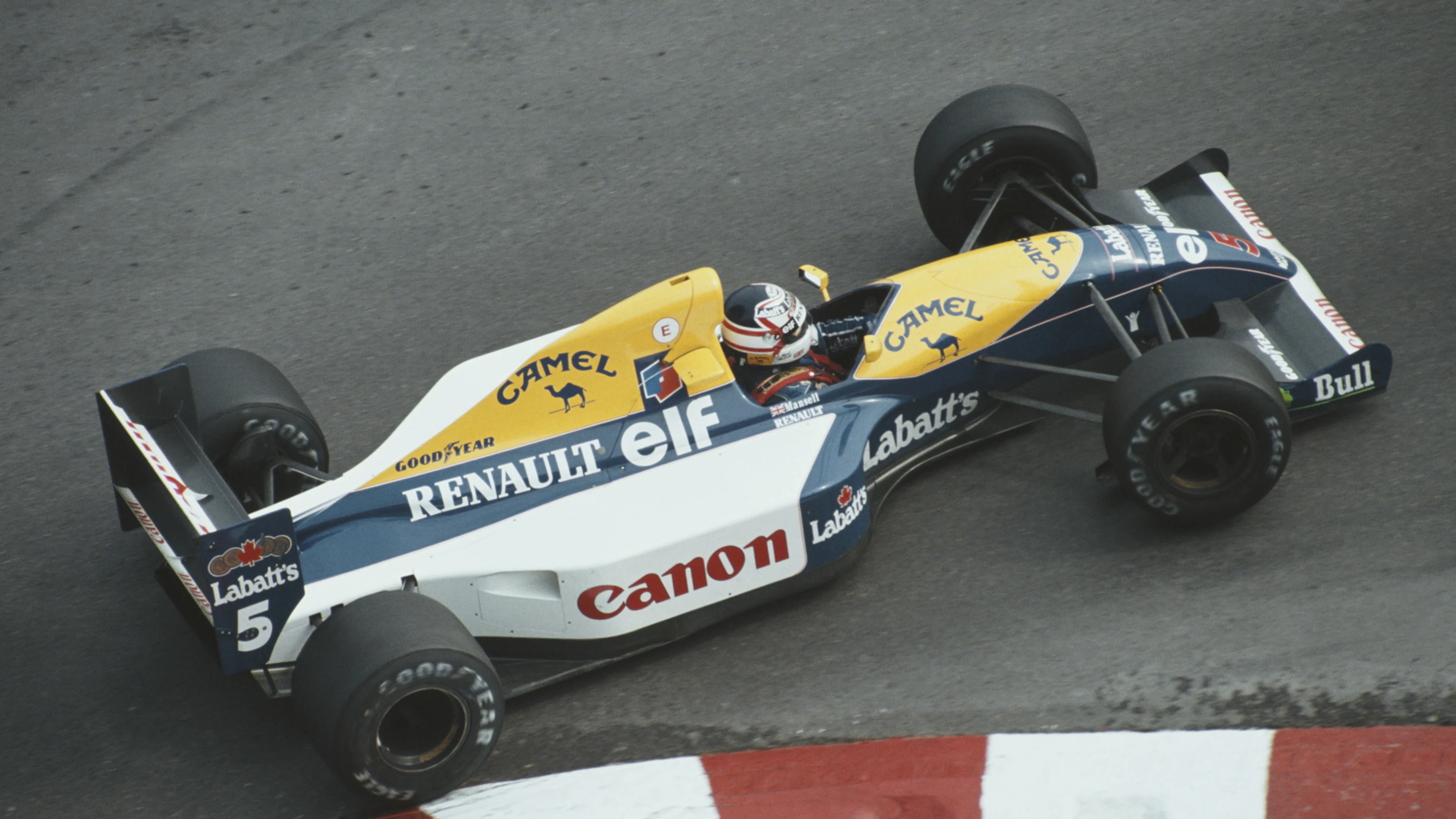 Nigel Mansell of Great Britain drives the #5 Canon Williams Renault Williams FW14 Renault during