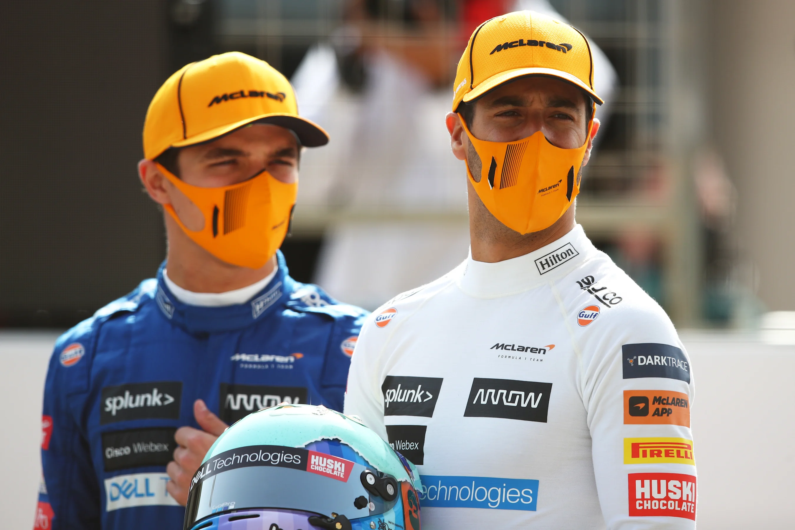 BAHRAIN, BAHRAIN - MARCH 12: Lando Norris of Great Britain and McLaren F1 and Daniel Ricciardo of