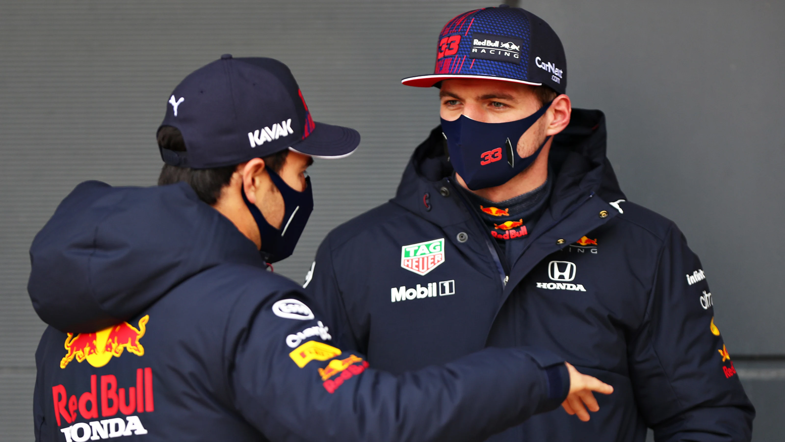 NORTHAMPTON, ENGLAND - FEBRUARY 24: Max Verstappen of Netherlands and Red Bull Racing and Sergio
