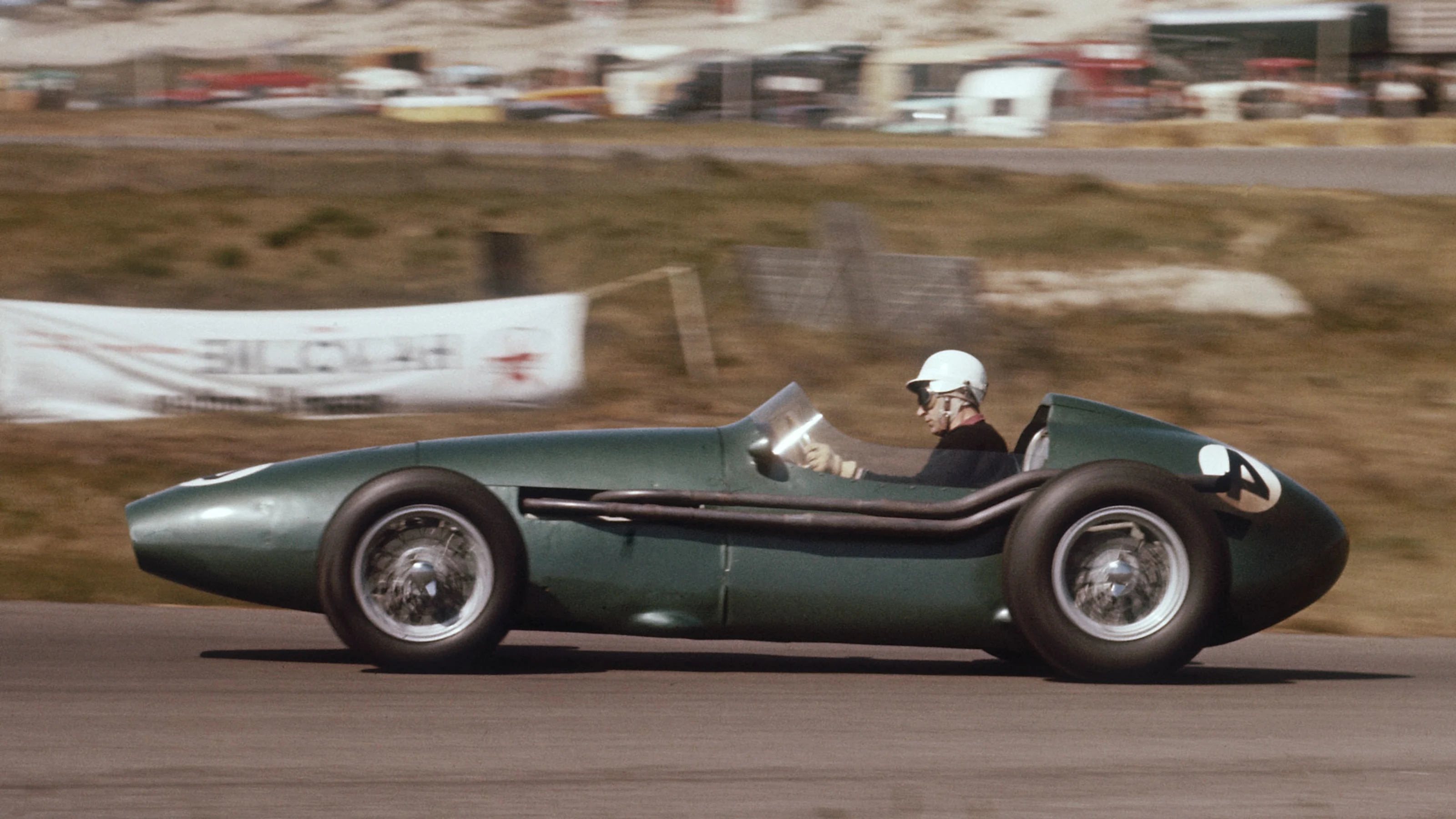 Roy Salvadori driving an Aston Martin DBR4, Dutch Grand Prix, Zandvoort, Holland, 1959. Salvadori