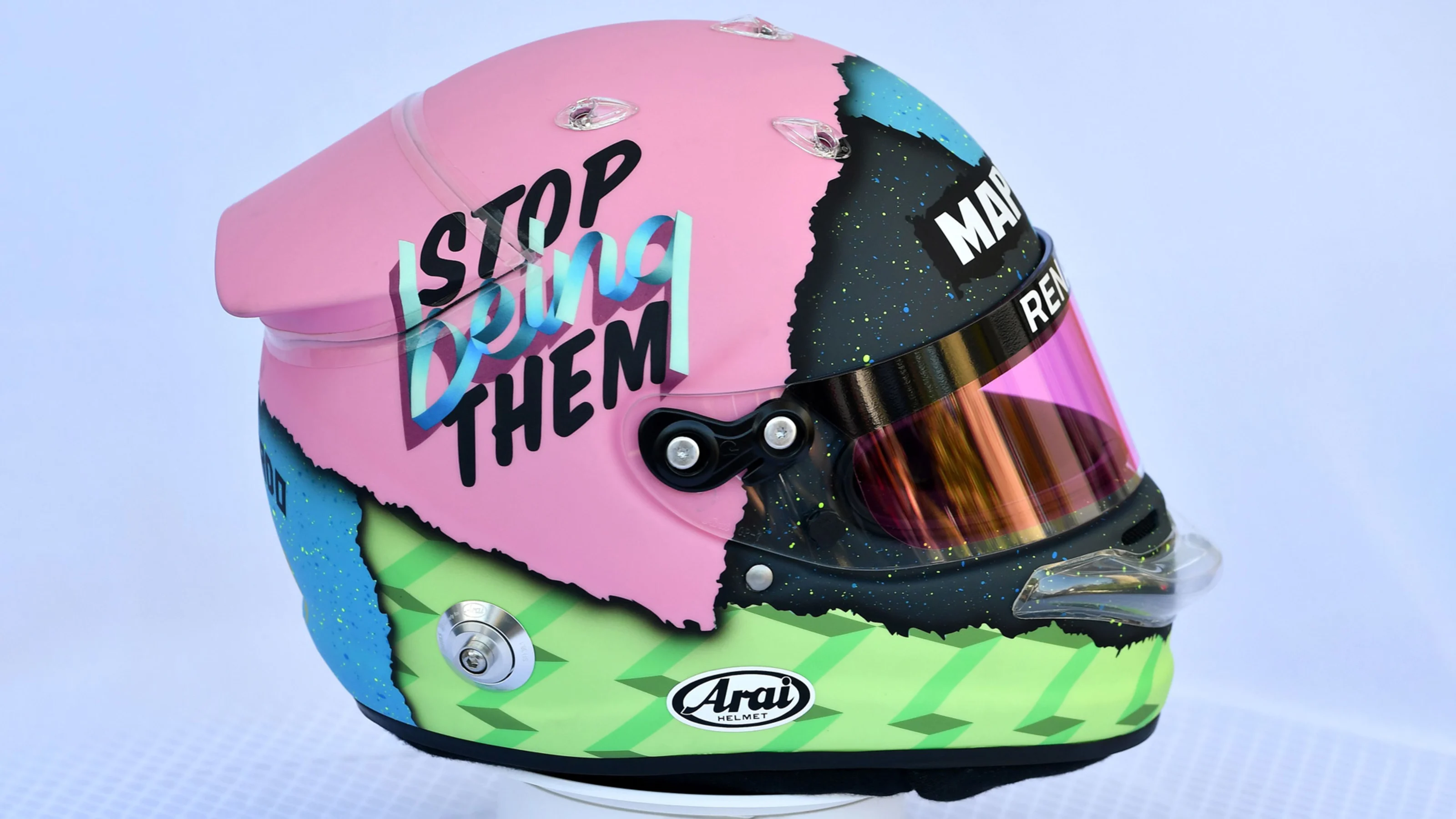 The helmet of Renault's Australian driver Daniel Ricciardo is displayed in Melbourne on March 14,