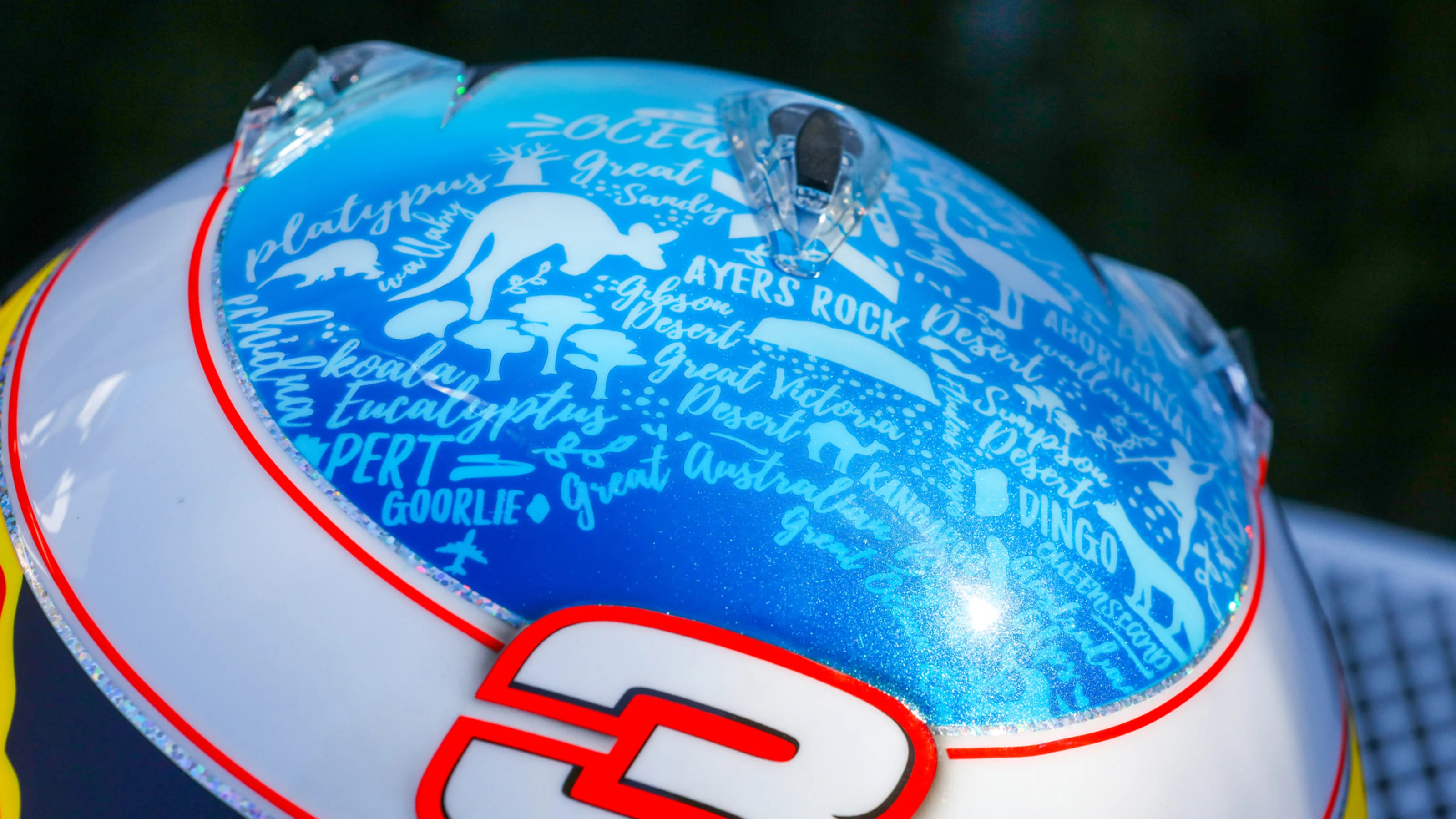 MELBOURNE, AUSTRALIA - MARCH 22: The unique helmet design of Aston Martin Red Bull Racing's Daniel