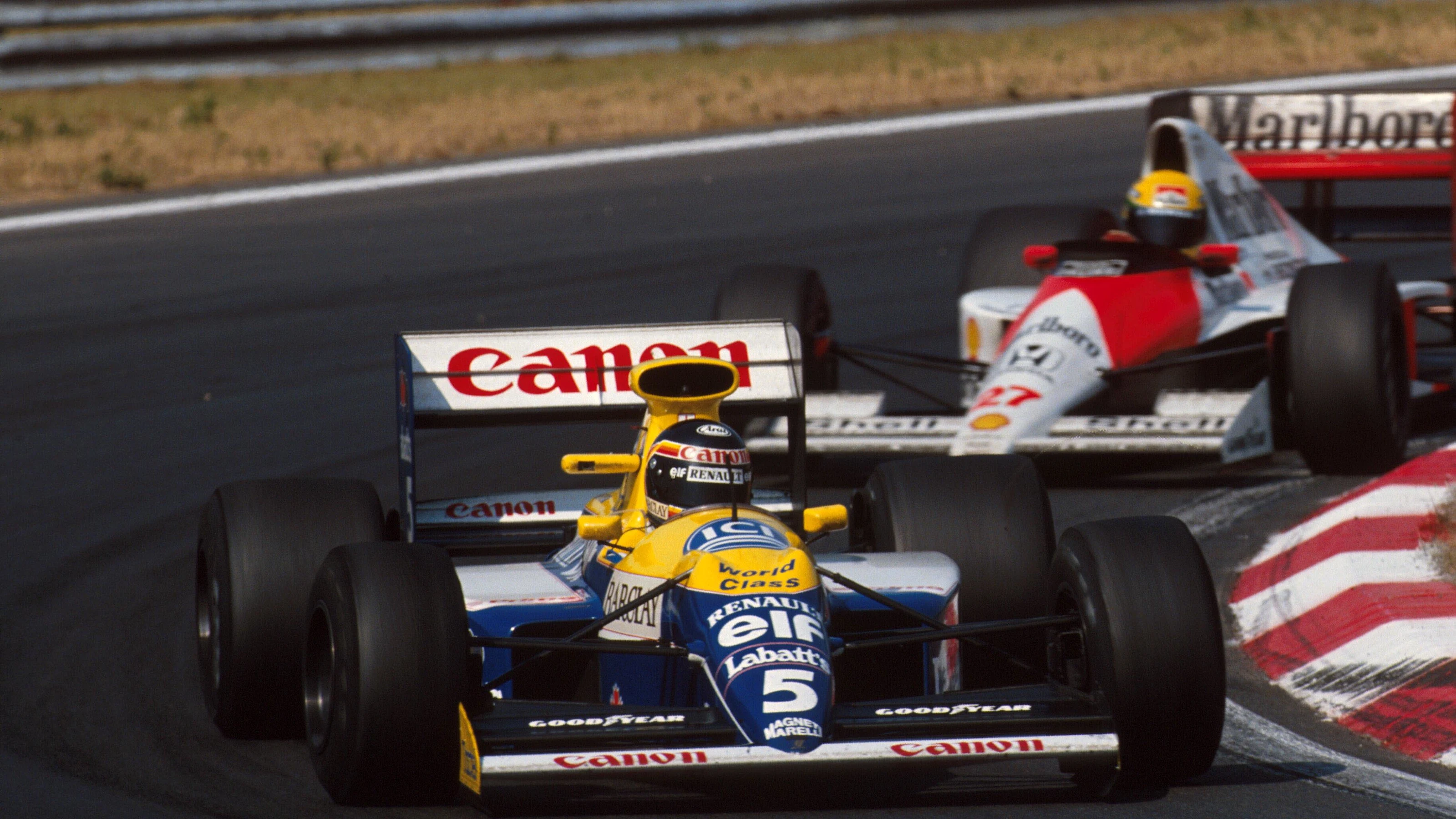 Race winner Thierry Boutsen leads Ayrton Senna Hungarian GP, Budapest, Hungary, 12 August 1990