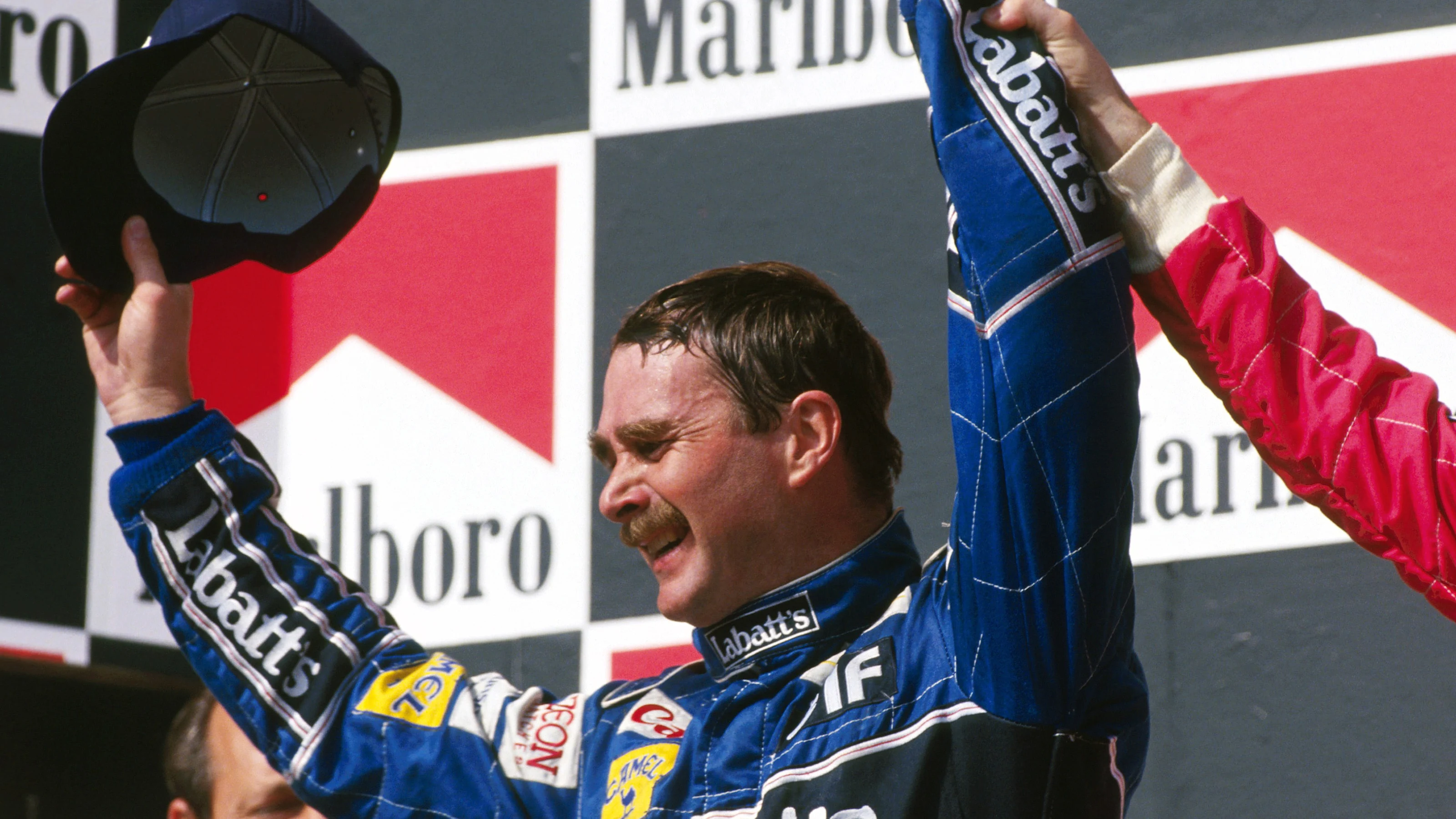 Nigel Mansell (GBR) Williams, celebrates second place. Hungarian Grand Prix, Hungaroring,