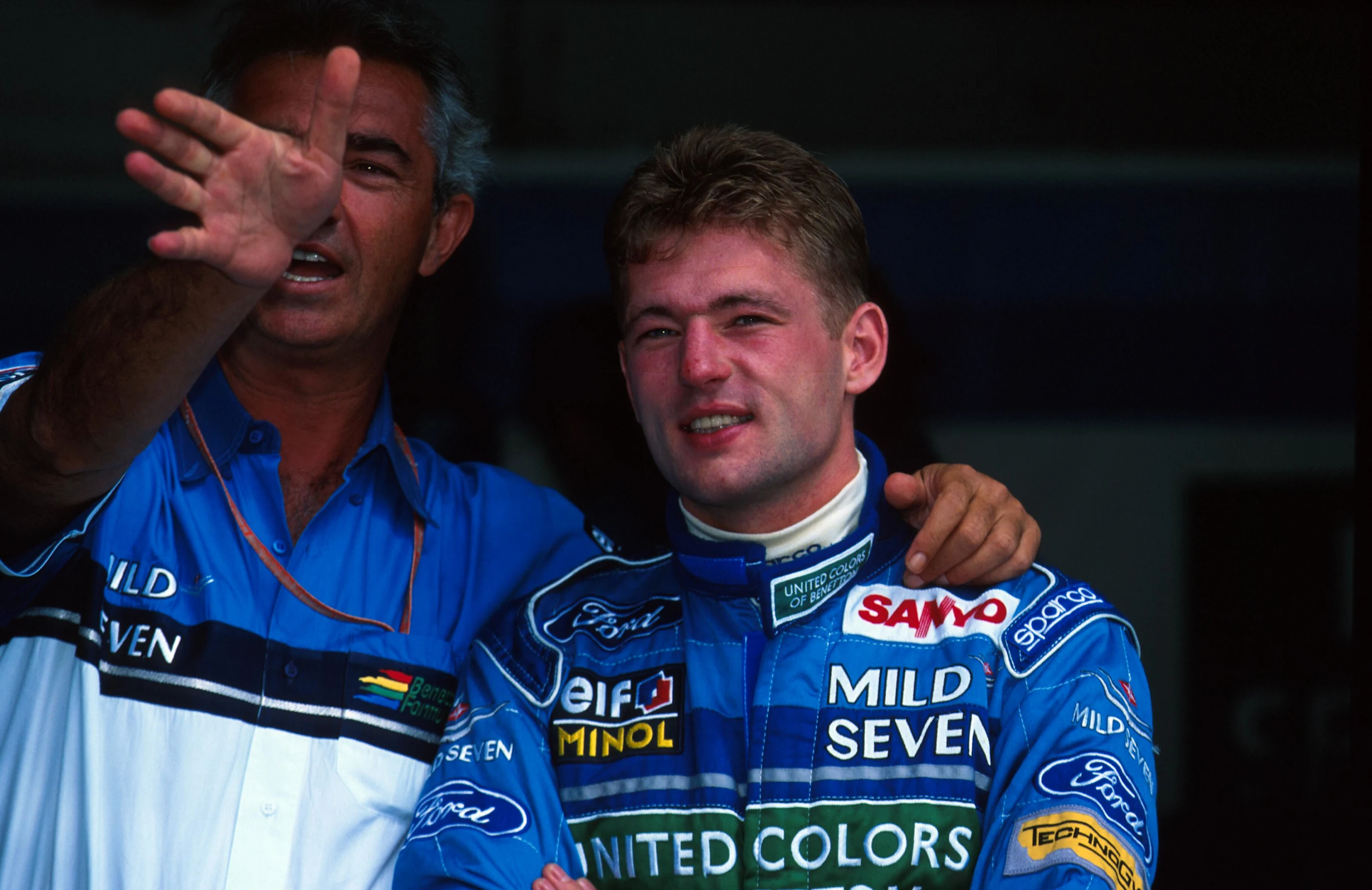 Jos Verstappen (NED) gets some helpful advice from Flavio Briatore (ITA) Benetton F1 Boss,