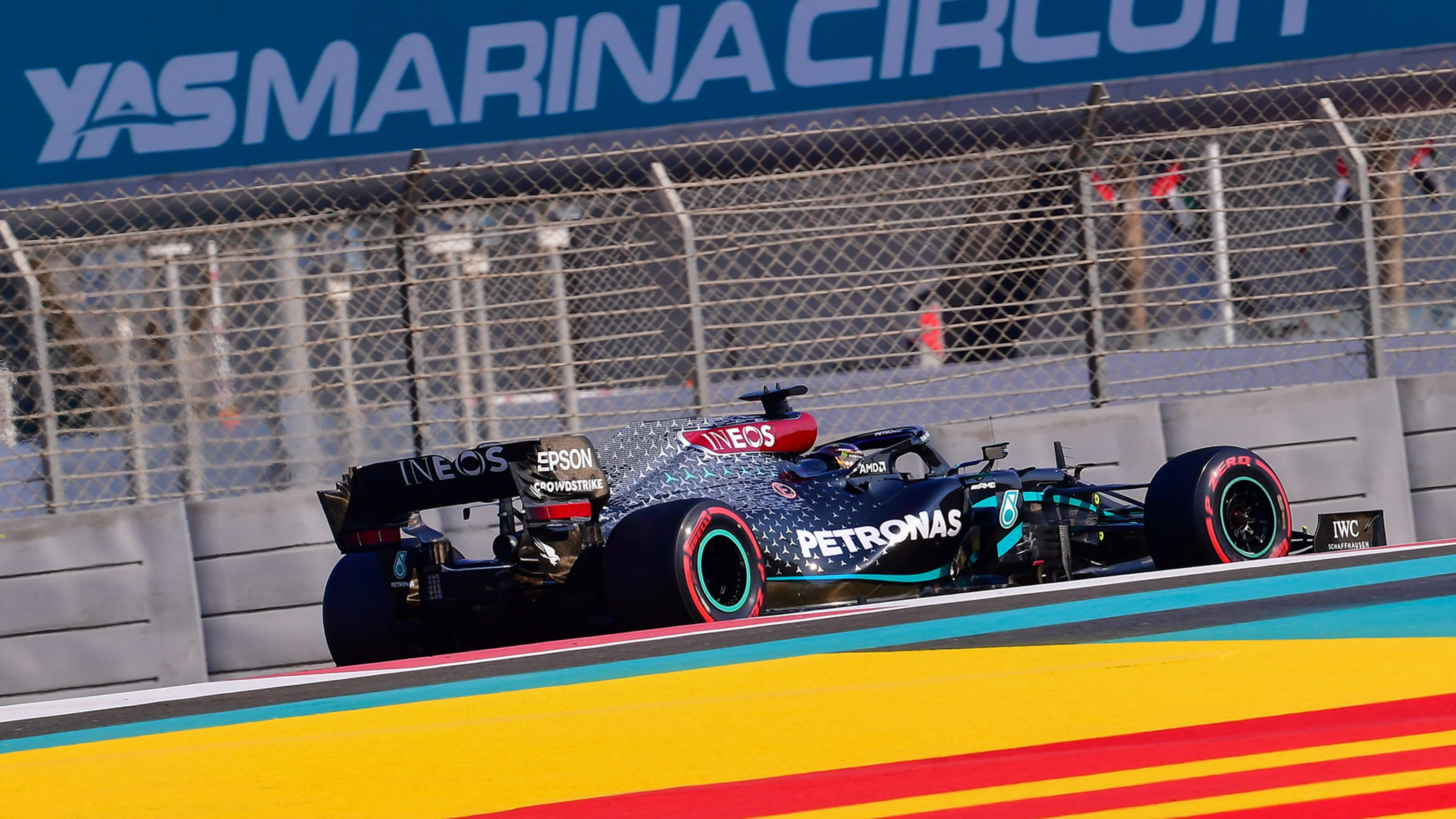 Mercedes' British driver Lewis Hamilton drives during the third practice session ahead of the Abu