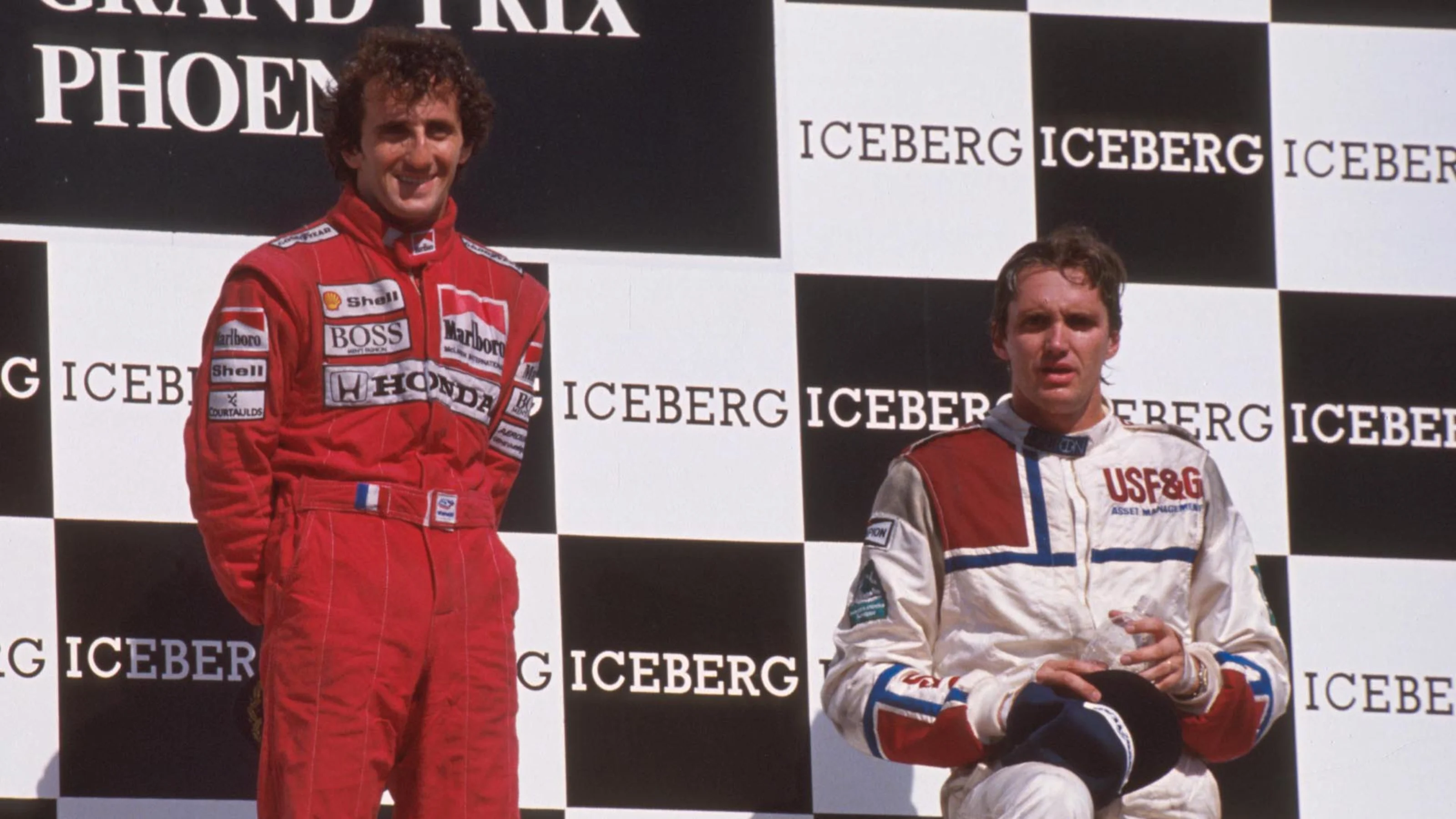 L to R; Riccardo Patrese, Alain Prost and Eddie Cheever on the podium. United States GP,