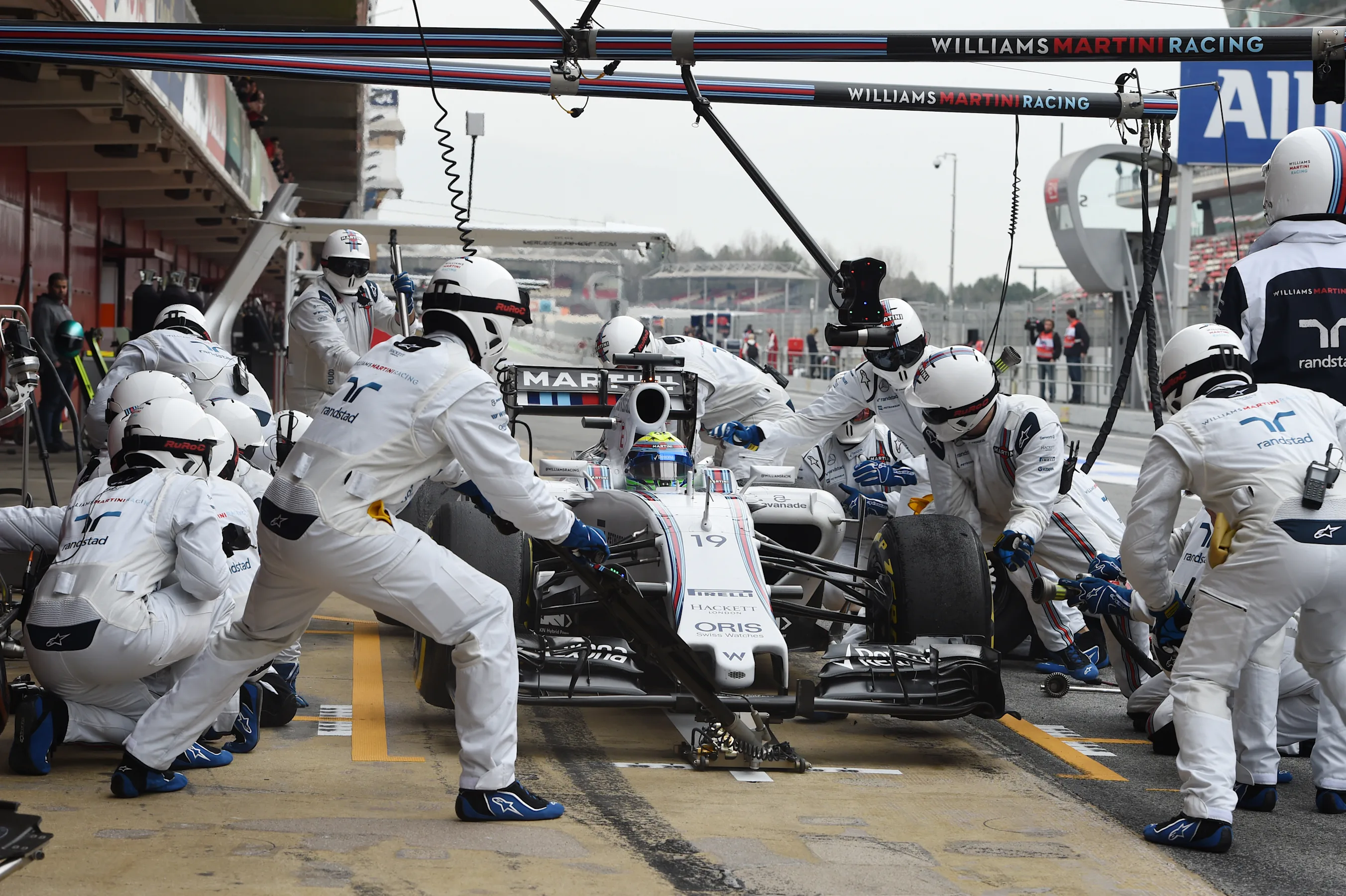 Williams F1 team pit stop practice at Formula One Testing, Day Three, Barcelona, Spain, 21 February