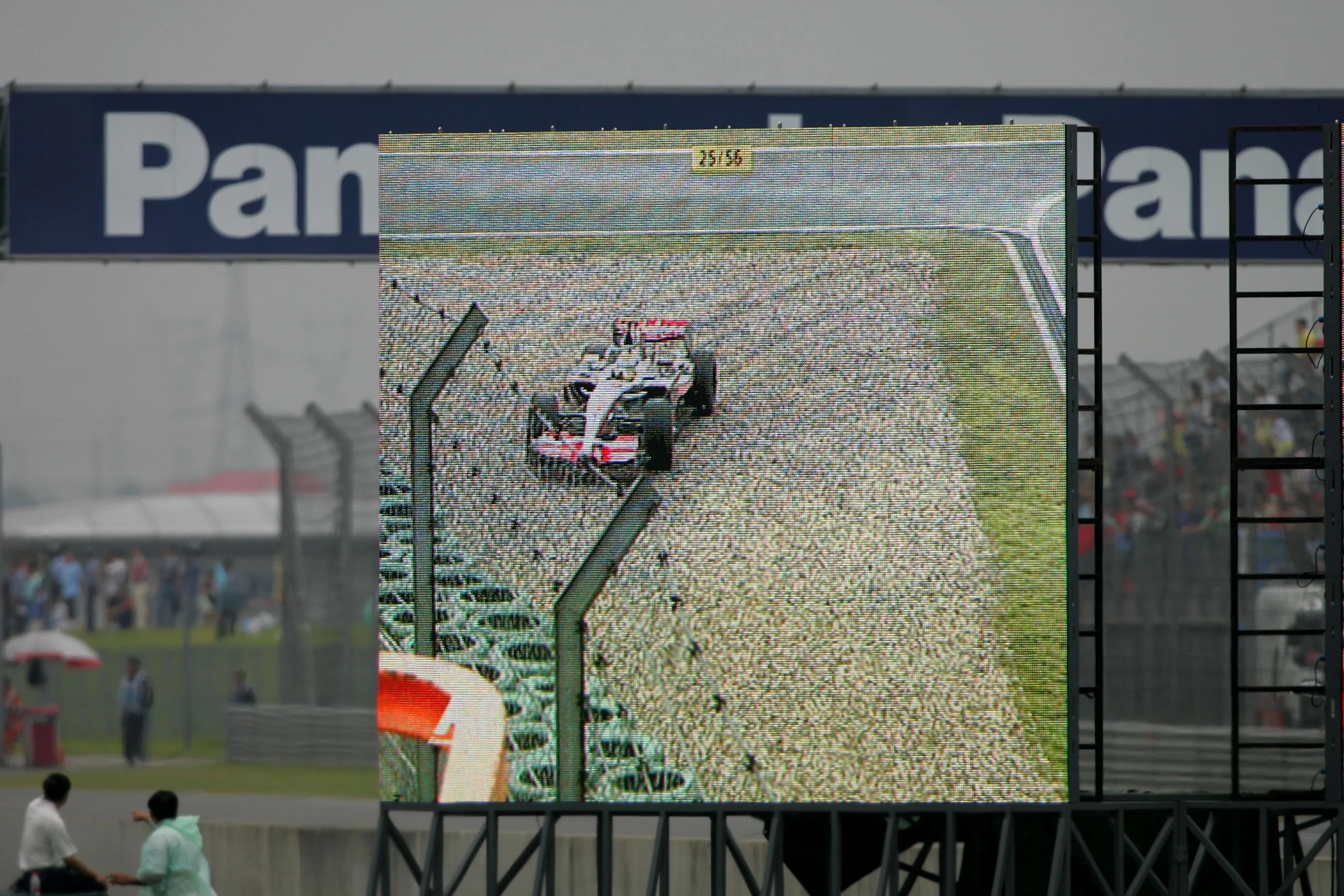 A view of the Giant screen as Lewis Hamilton (GBR) McLaren Mercedes MP4/22 goes off into the