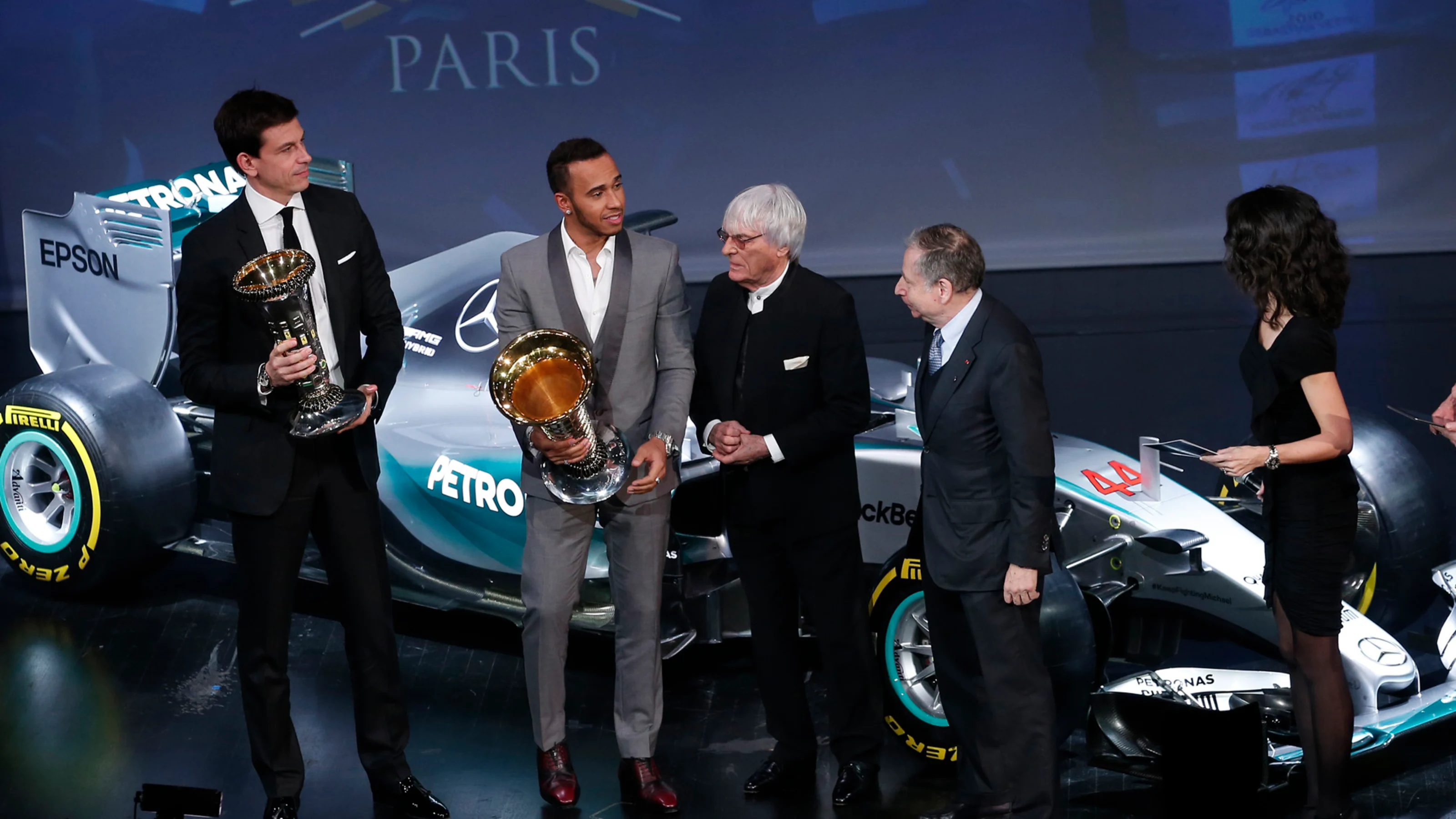 Mercedes' Lewis Hamilton and Toto Wolff, with FIA President Jean Todt and Formula One group CEO