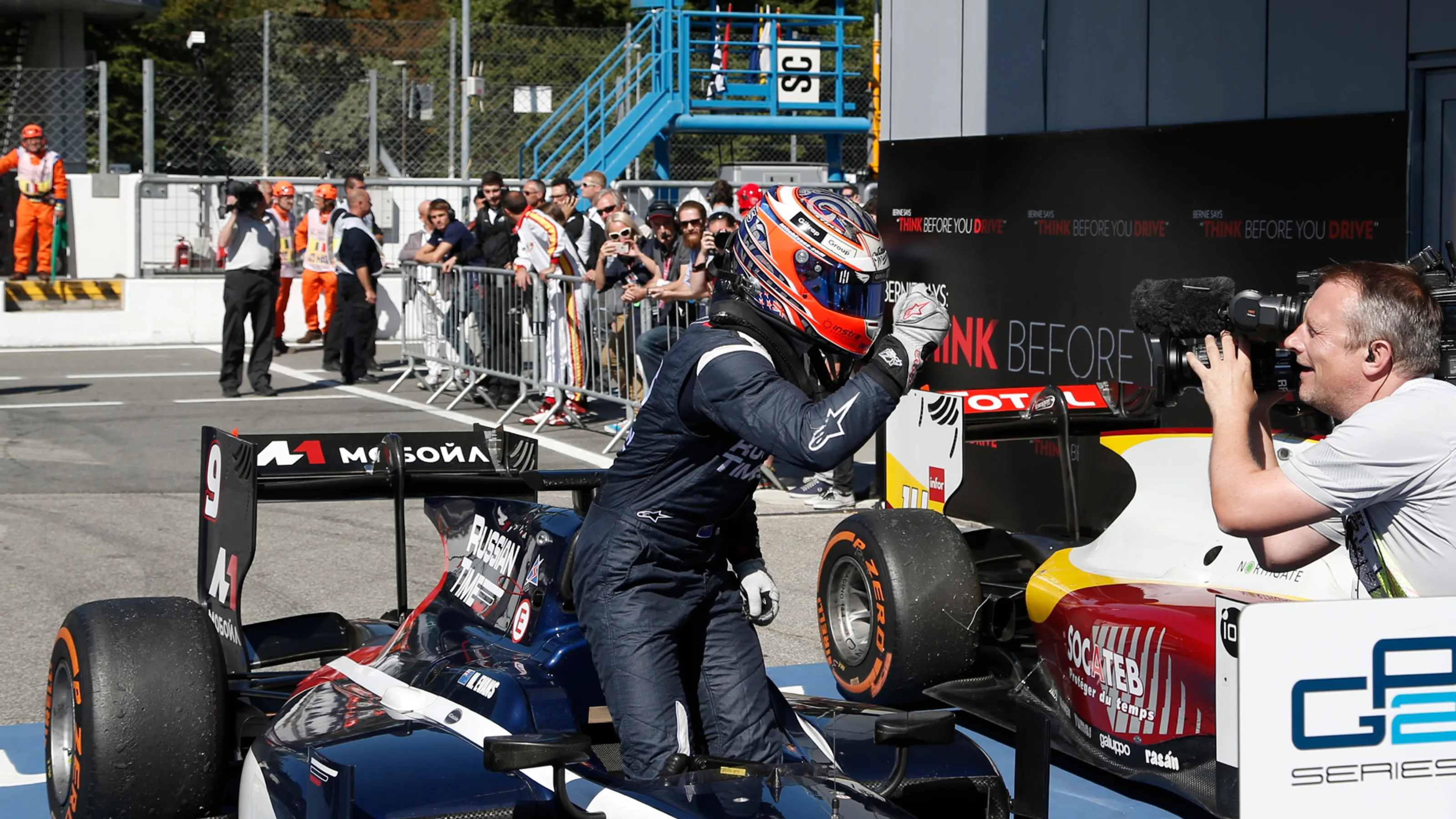 Race winner Mitch Evans (NZL) Russian Time celebrates in parc ferme at GP2 Series, Rd8, Italy,
