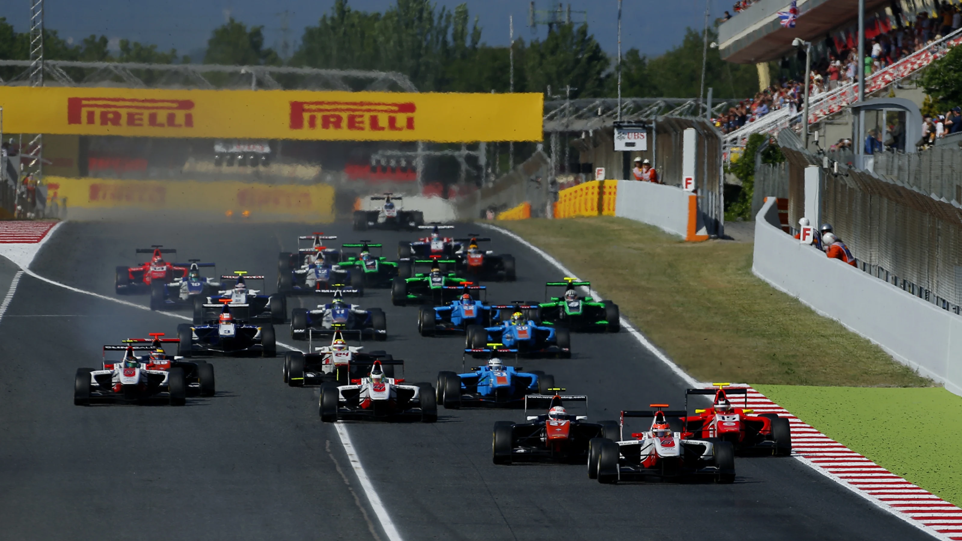 Esteban Ocon (FRA) ART Grand Prix leads at the start of the race at GP3 Series, Rd2, Barcelona,