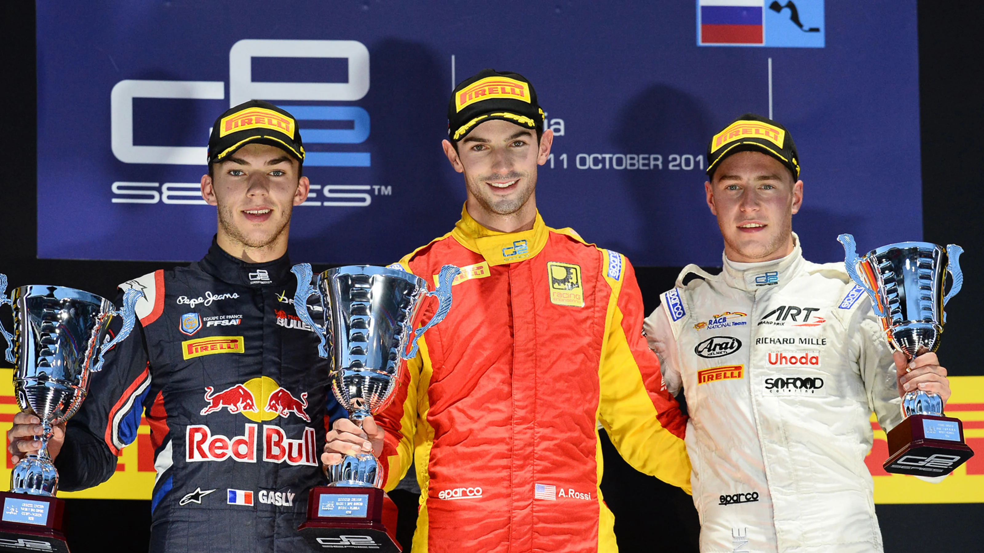 (L to R): Second placed Pierre Gasly (FRA) DAMS, race winner Alexander Rossi (USA) Racing