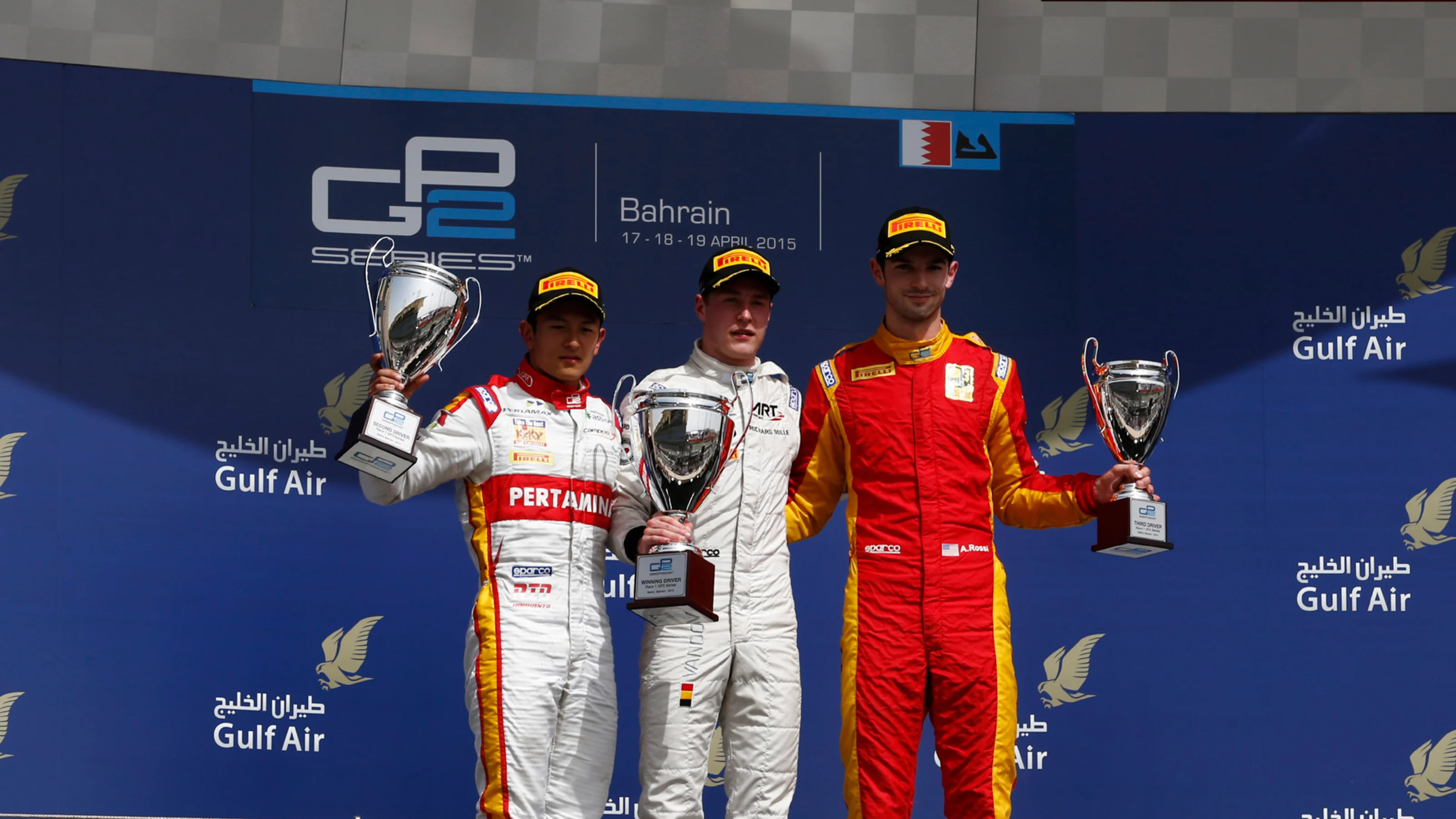 (L to R): Second placed Rio Haryanto (INA) Trident, race winner Stoffel Vandoorne (BEL) ART Grand