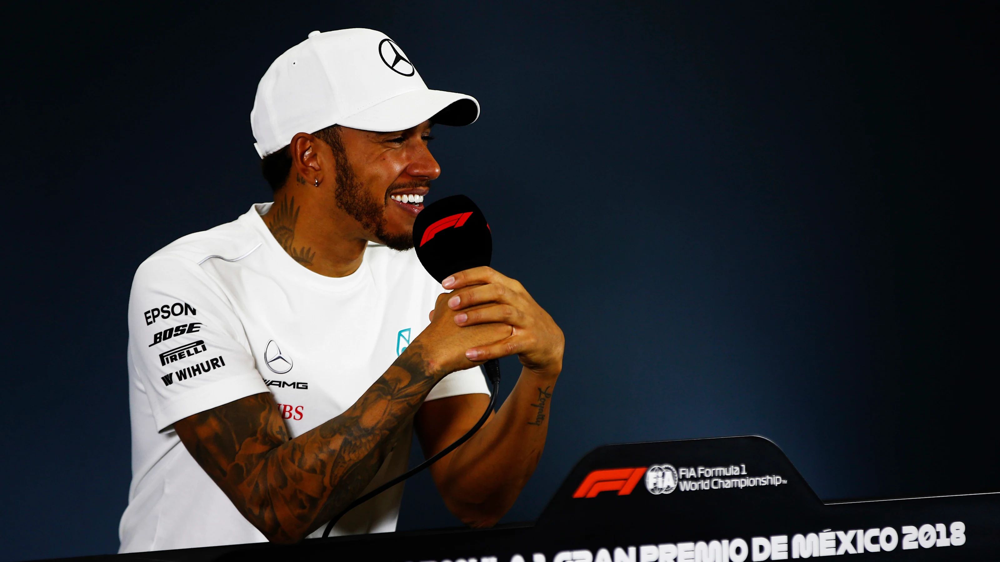 AUTODROMO HERMANOS RODRIGUEZ, MEXICO - OCTOBER 28: Lewis Hamilton, Mercedes AMG F1, in the press