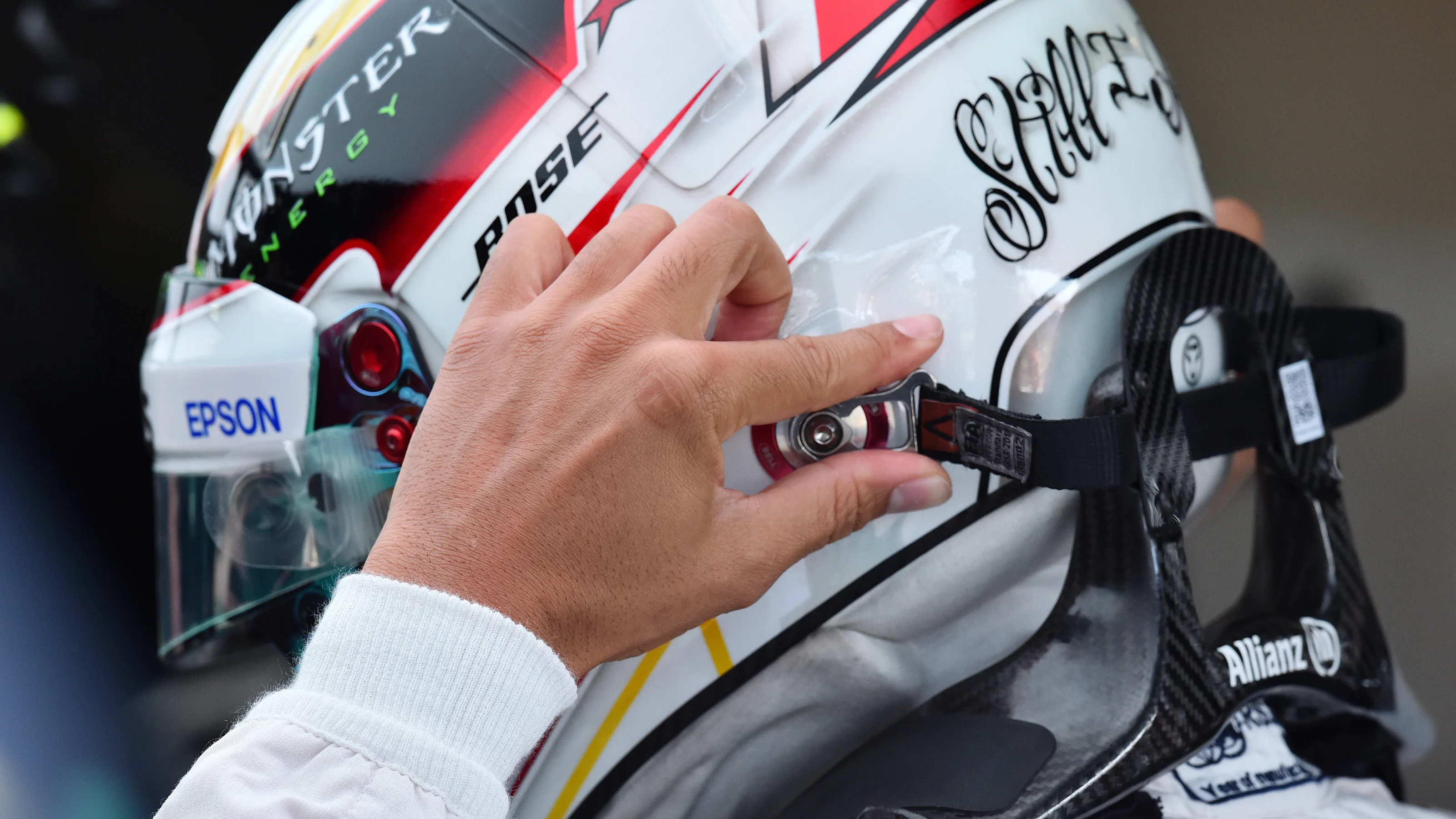 Lewis Hamilton (GBR) Mercedes AMG F1 helmet and HANS device at Formula One World Championship,