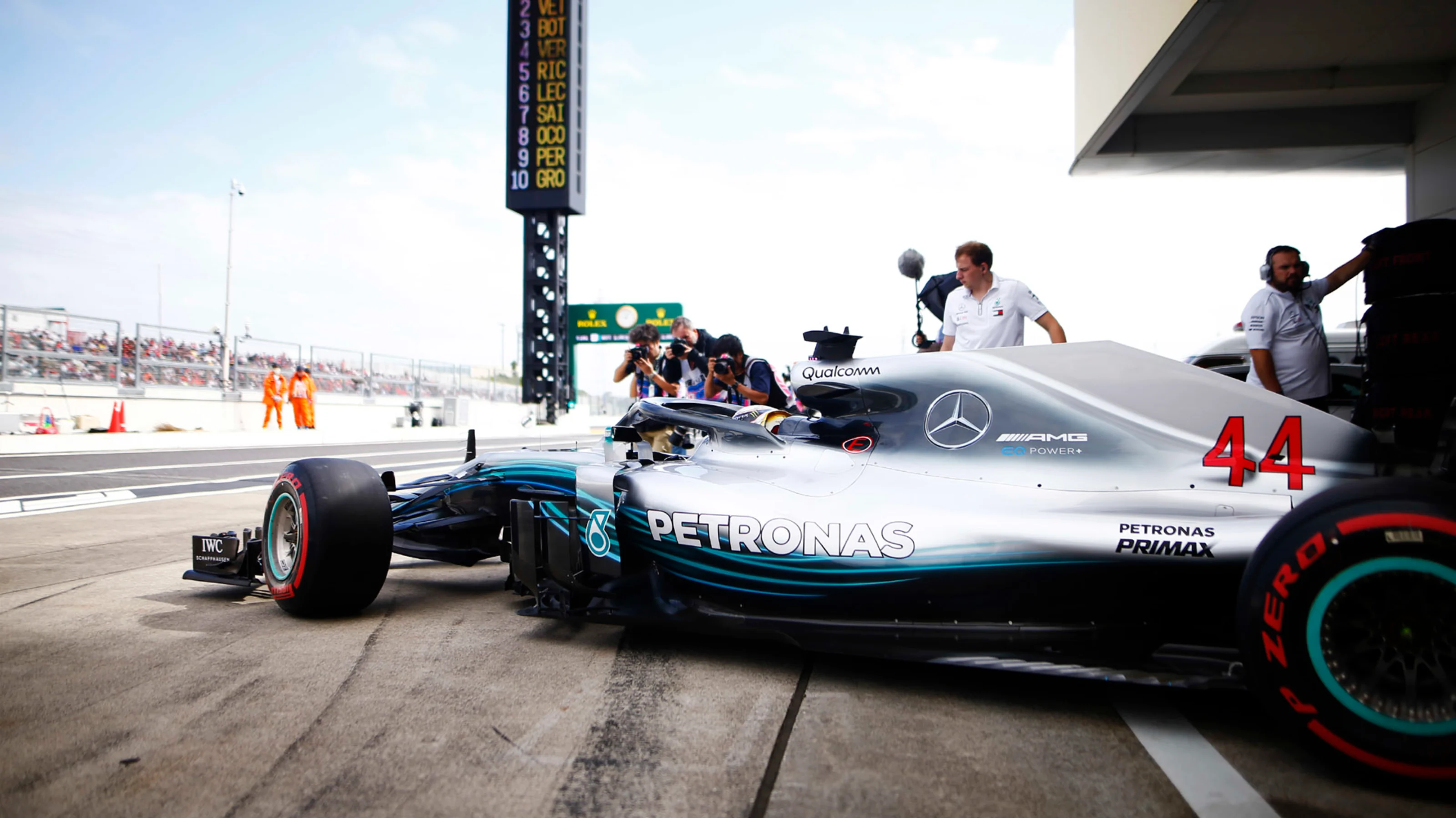 SUZUKA, JAPAN - OCTOBER 06: Lewis Hamilton, Mercedes AMG F1 W09, exits the pit lane during the