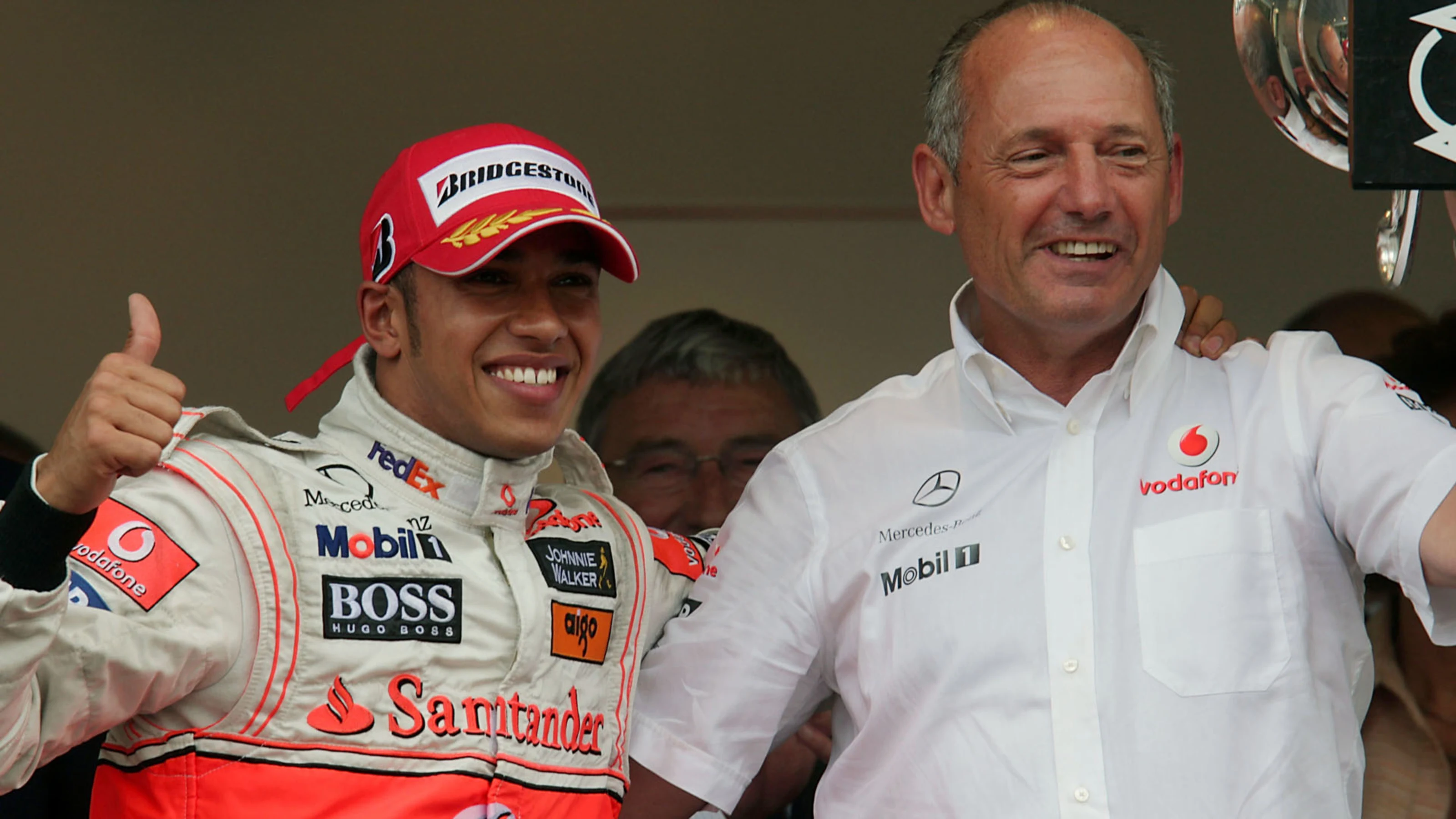 Lewis Hamilton (GBR) McLaren and Ron Dennis (GBR) McLaren Team Principal on the podium. Formula